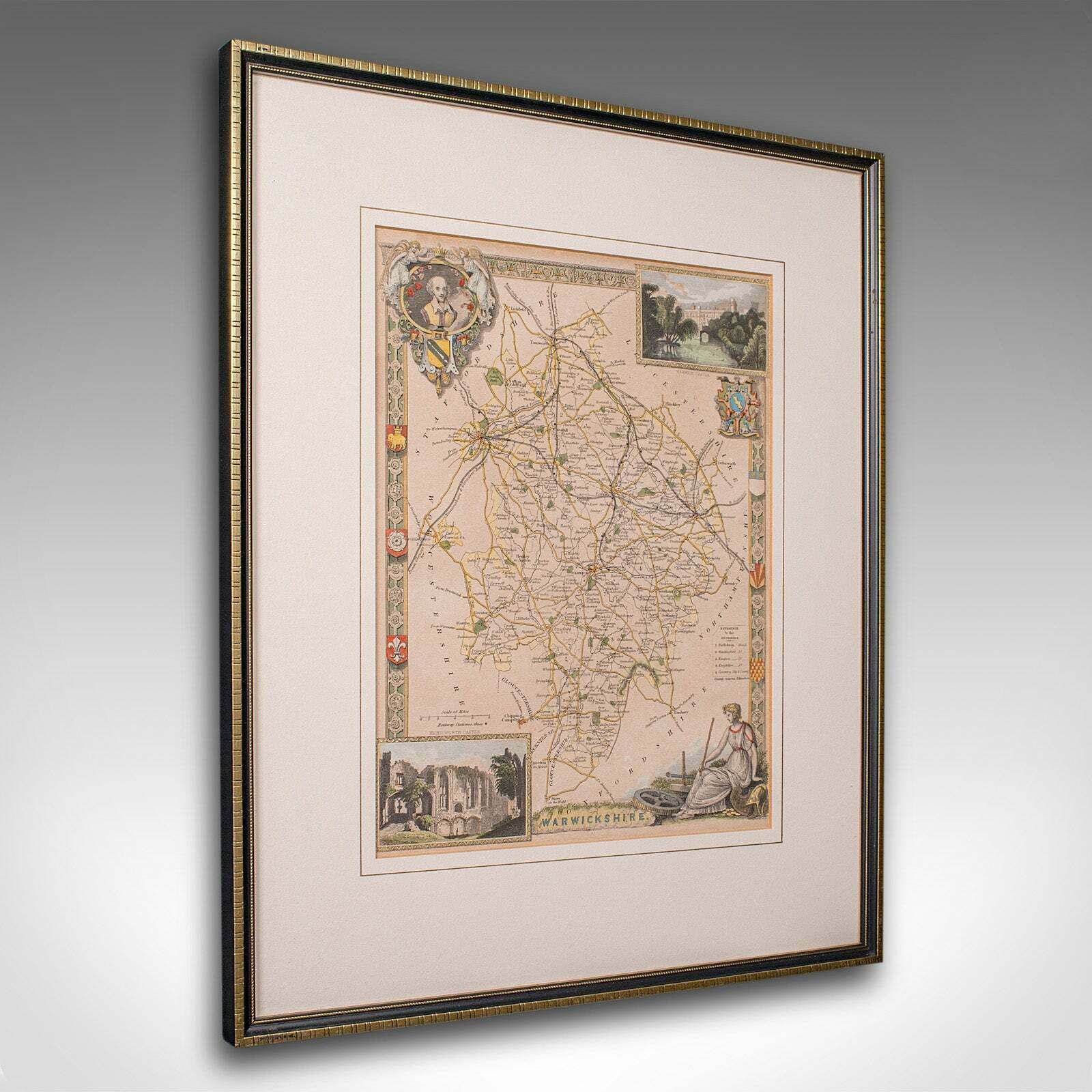 Antique Lithography Map, Warwickshire, English, Framed, Cartography, Victorian