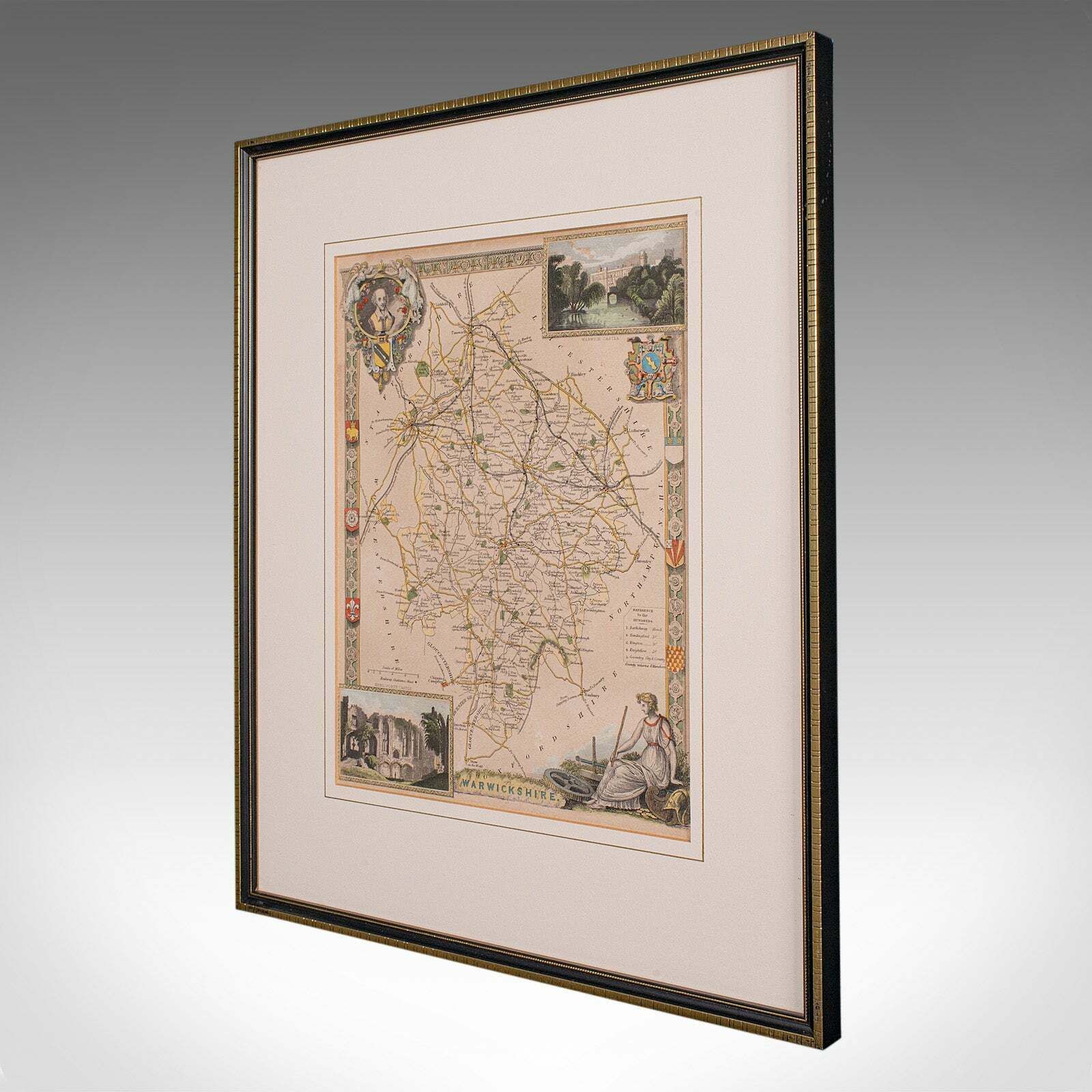 Antique Lithography Map, Warwickshire, English, Framed, Cartography, Victorian photo for sale