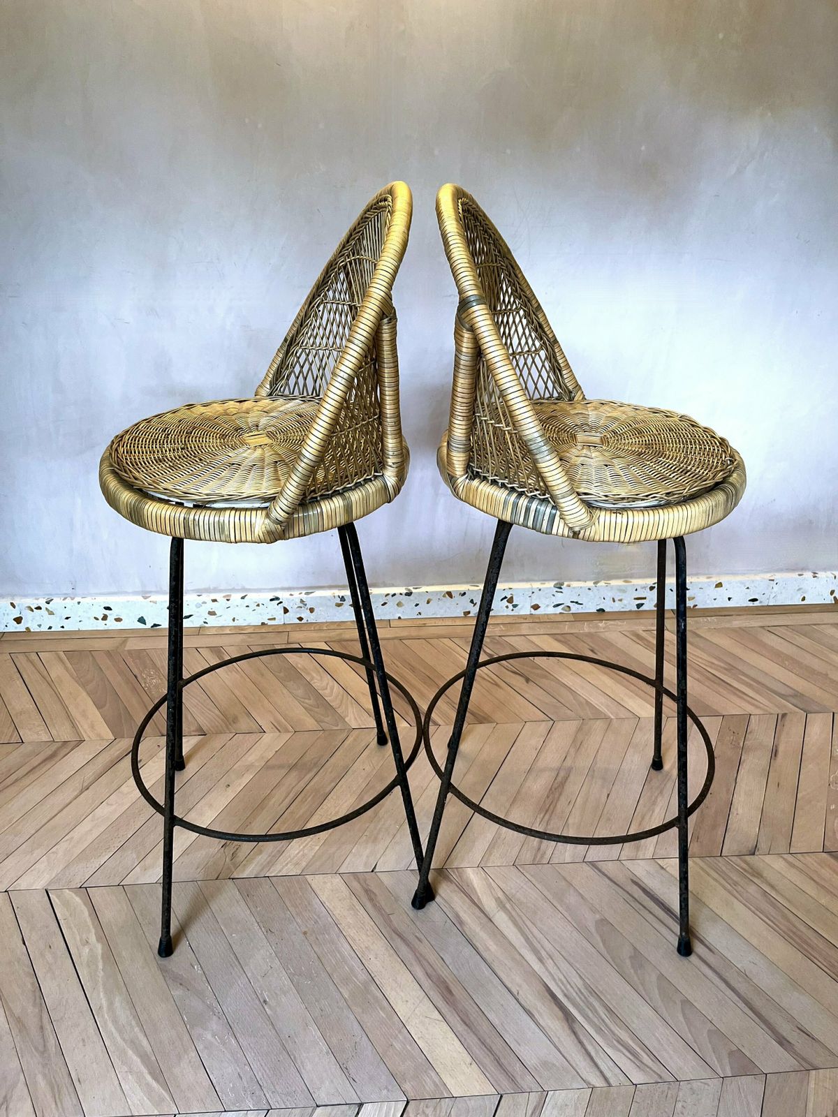 Pair Of Mid Century Woven Rattan/Cane & Metal Bar Stools photo Furniture