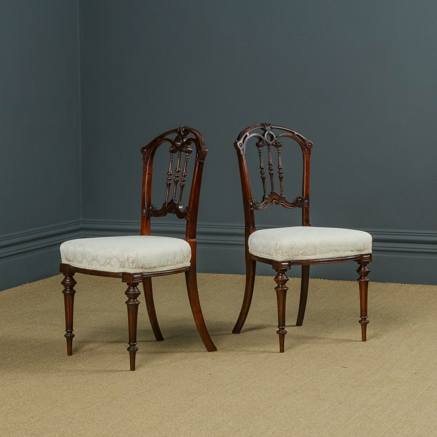 English Victorian Pair Of Walnut Carved Occasional Bedroom / Hall / Desk / Dining Chairs (Circa 1870)