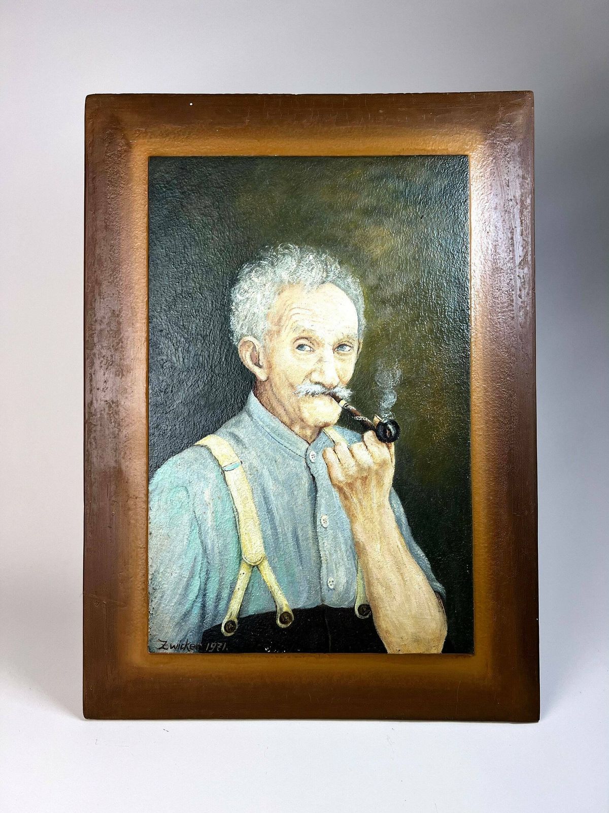 Original Framed Portrait Oil Painting Of Old Man Smoking, Switzerland, Male Portrait photo for sale