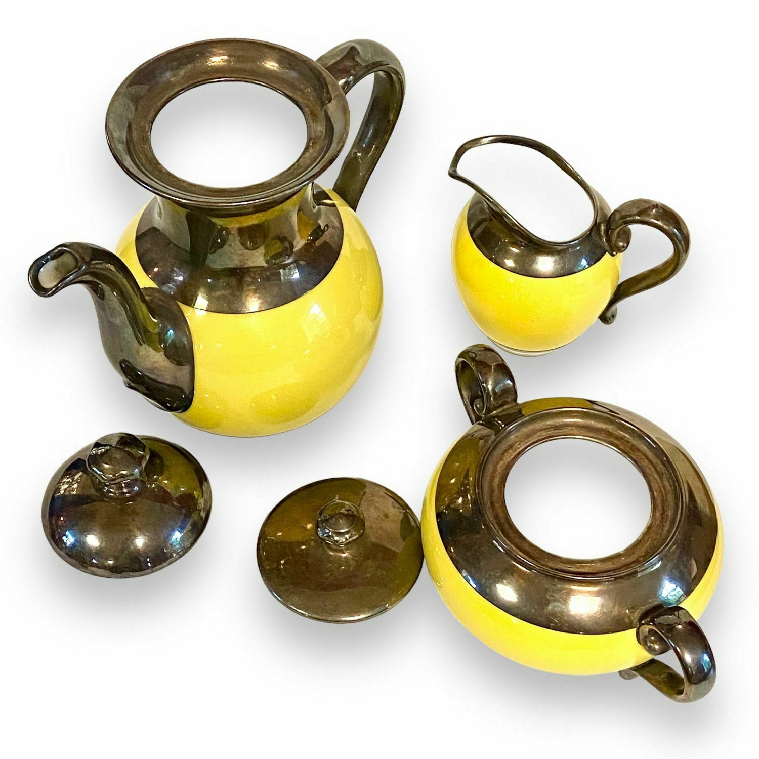 Rosenthal Art Deco Silver Overlay Yellow Porcelain Coffee Set photo vinterior
