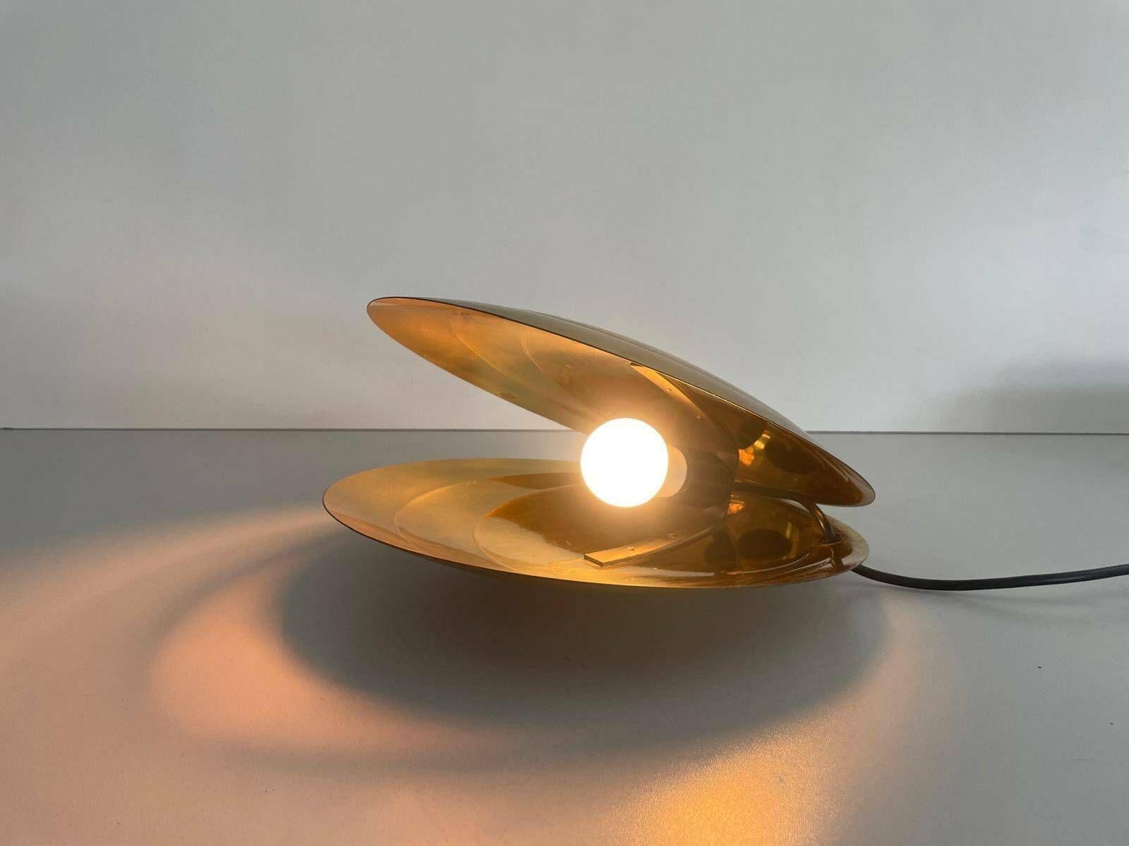 photo for sale Mid Century Modern Rare Large Clam Shell Design Brass Table Lamp By Angelo Brotto, 1960s, Italy