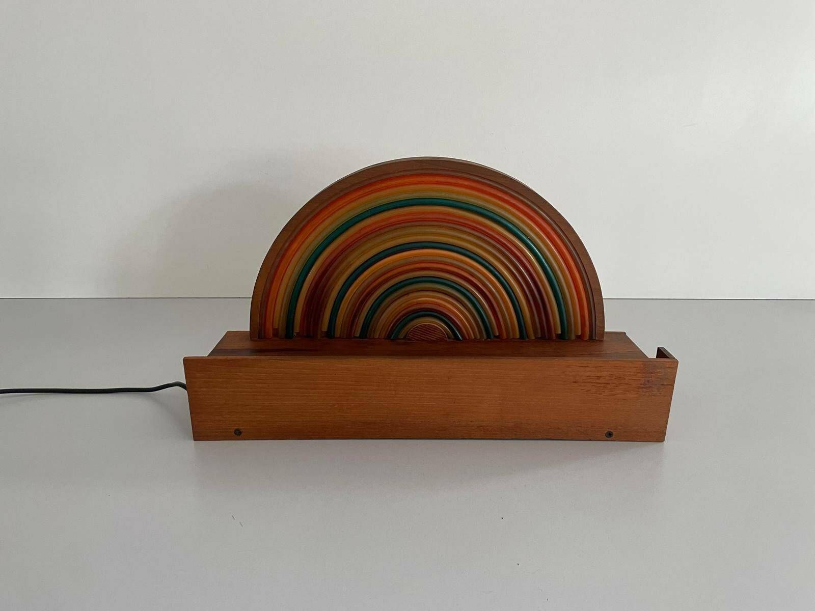 Italian Unusual Design Wood Rainbow Bedside Night Lamp With Blue Fluorescent Light, 50s/60s, Italy photo for sale