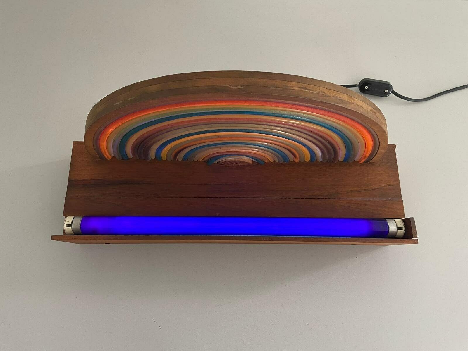 photo furniture Italian Unusual Design Wood Rainbow Bedside Night Lamp With Blue Fluorescent Light, 50s/60s, Italy