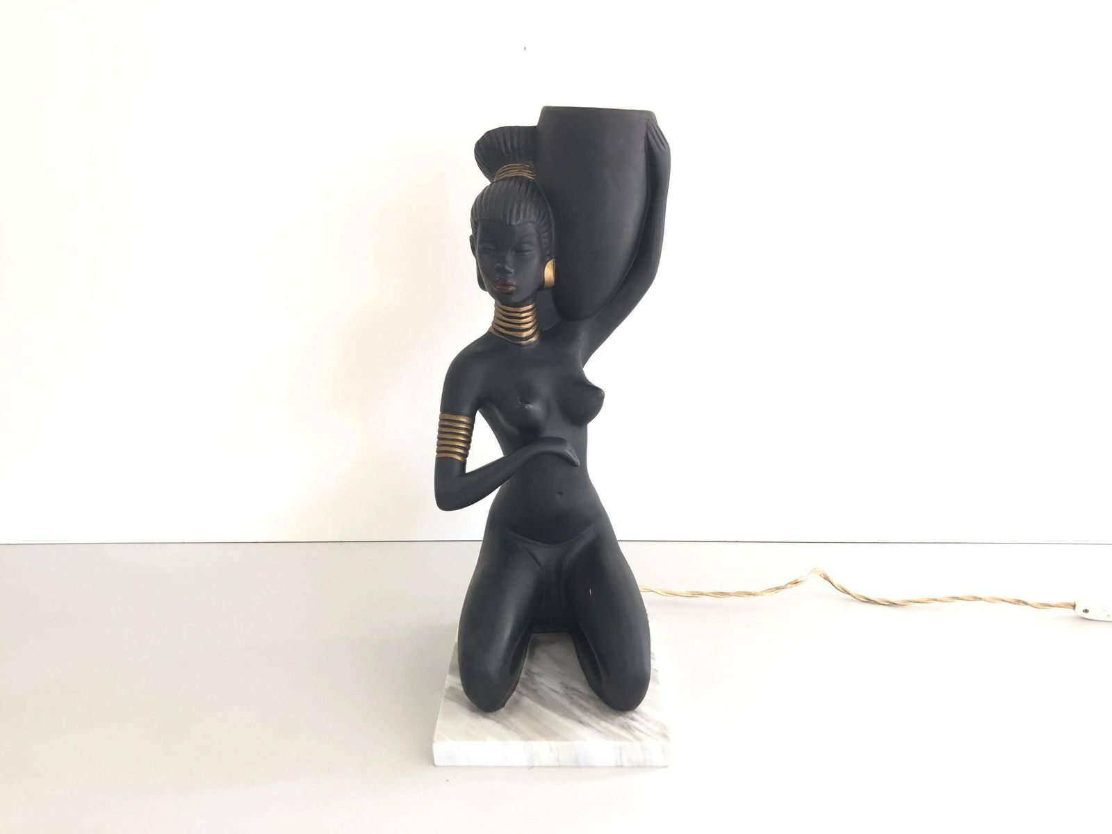 African Woman Ceramic Large Table Lamp, In Style Of Barsony photo furniture