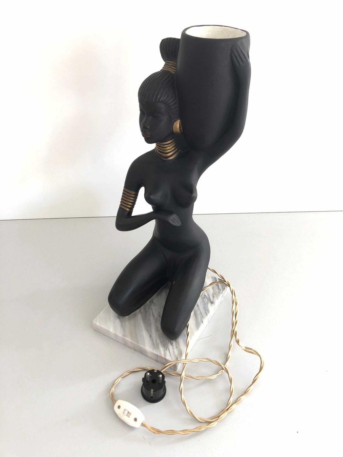 African Woman Ceramic Large Table Lamp, In Style Of Barsony photo vintage