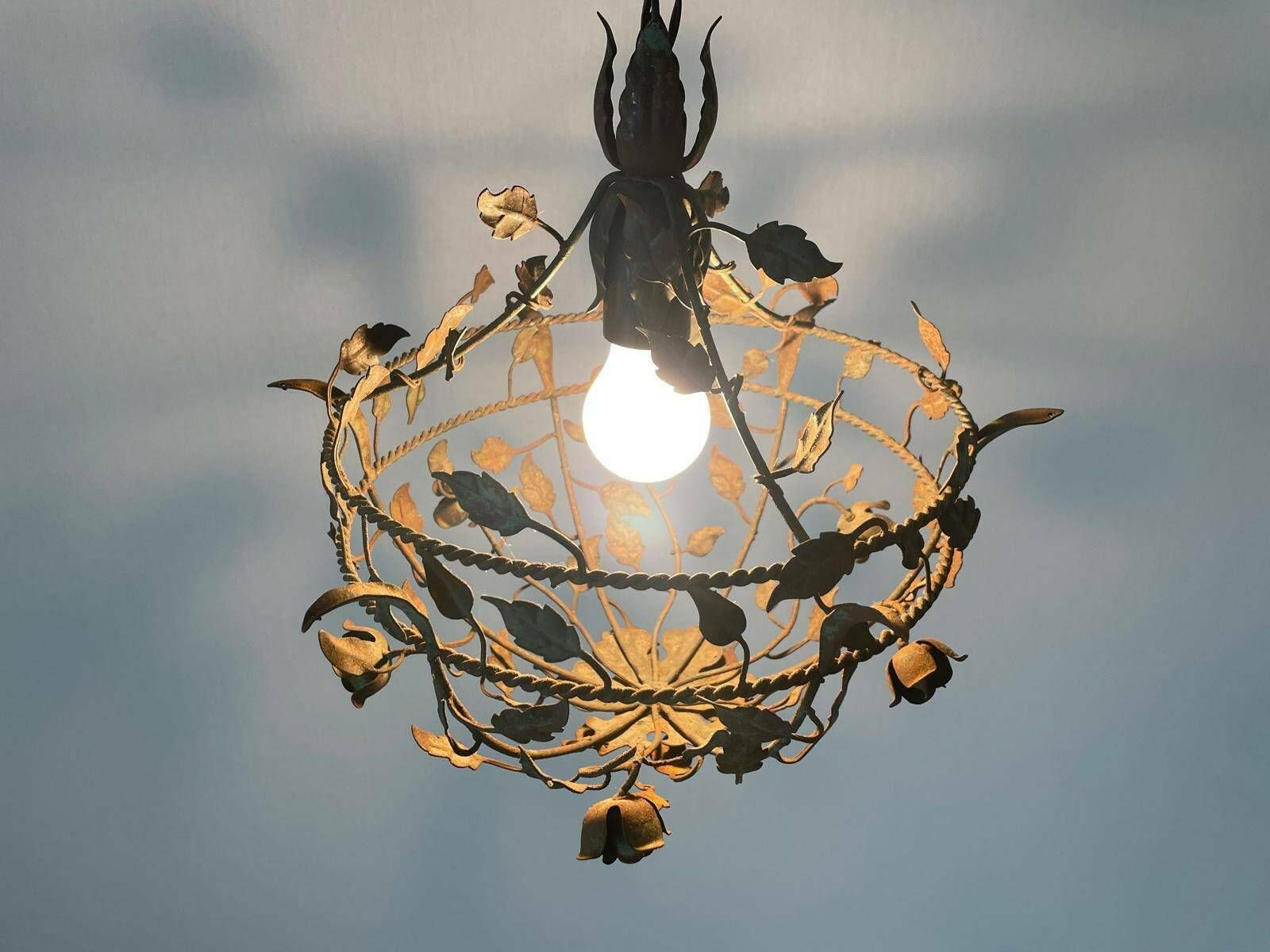 Unusual Flower And Leaf Design Italian Metal Ceiling Lamp With Green Patinas, 1950s, Italy photo for sale