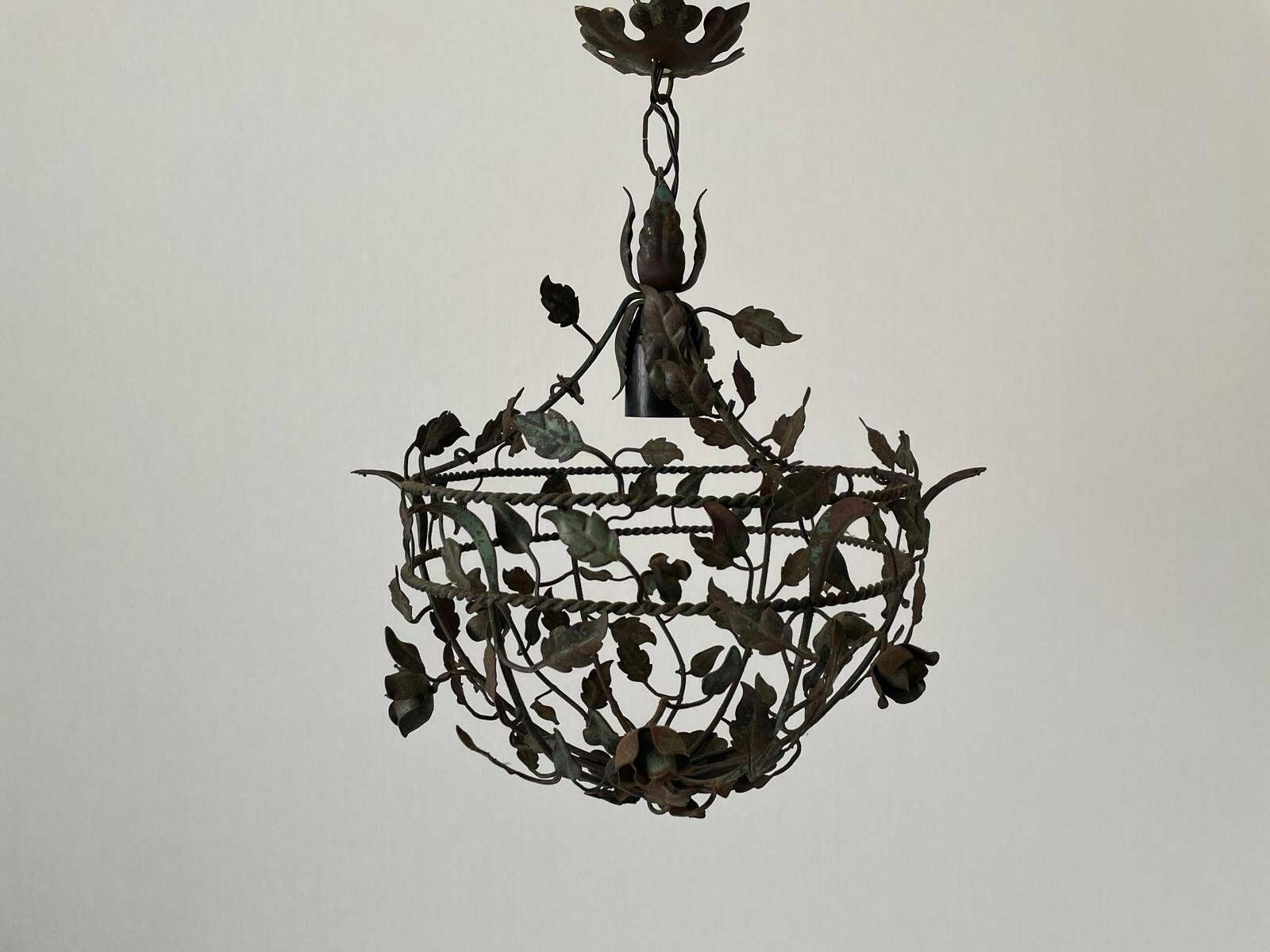 Unusual Flower And Leaf Design Italian Metal Ceiling Lamp With Green Patinas, 1950s, Italy photo vinterior