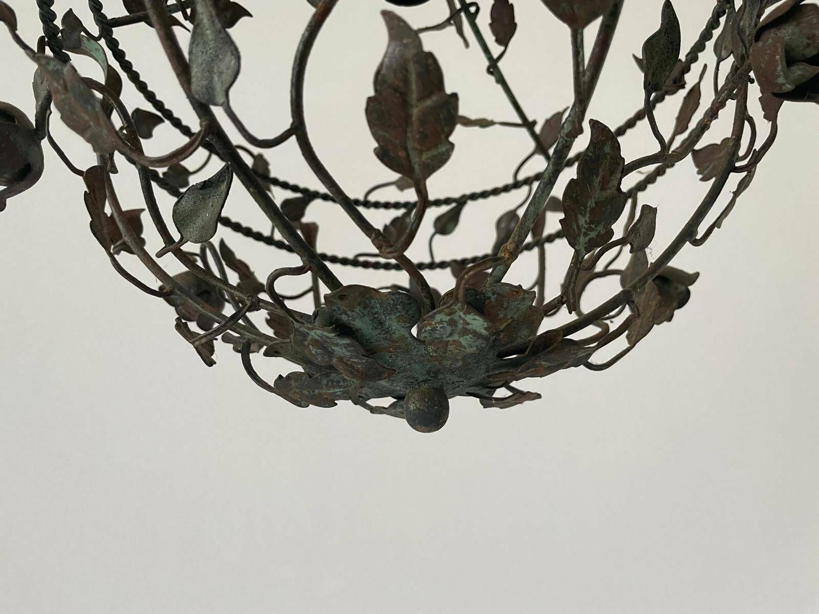 photo furniture Unusual Flower And Leaf Design Italian Metal Ceiling Lamp With Green Patinas, 1950s, Italy