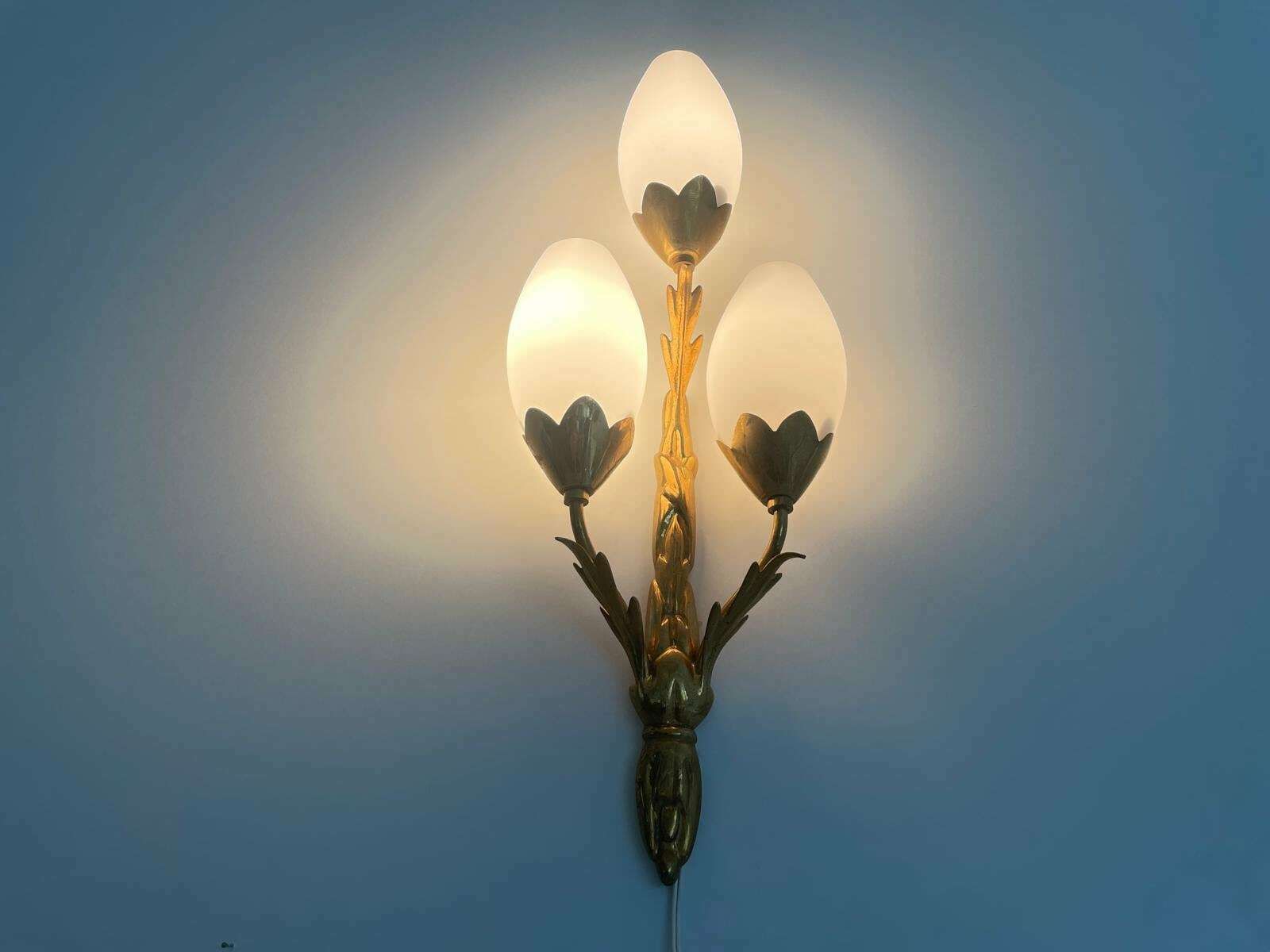 Exclusive Italian Tulip Design Triplet Glass Shade And Brass Body Luxurious Wall Lamp, 1960s, Italy photo furniture