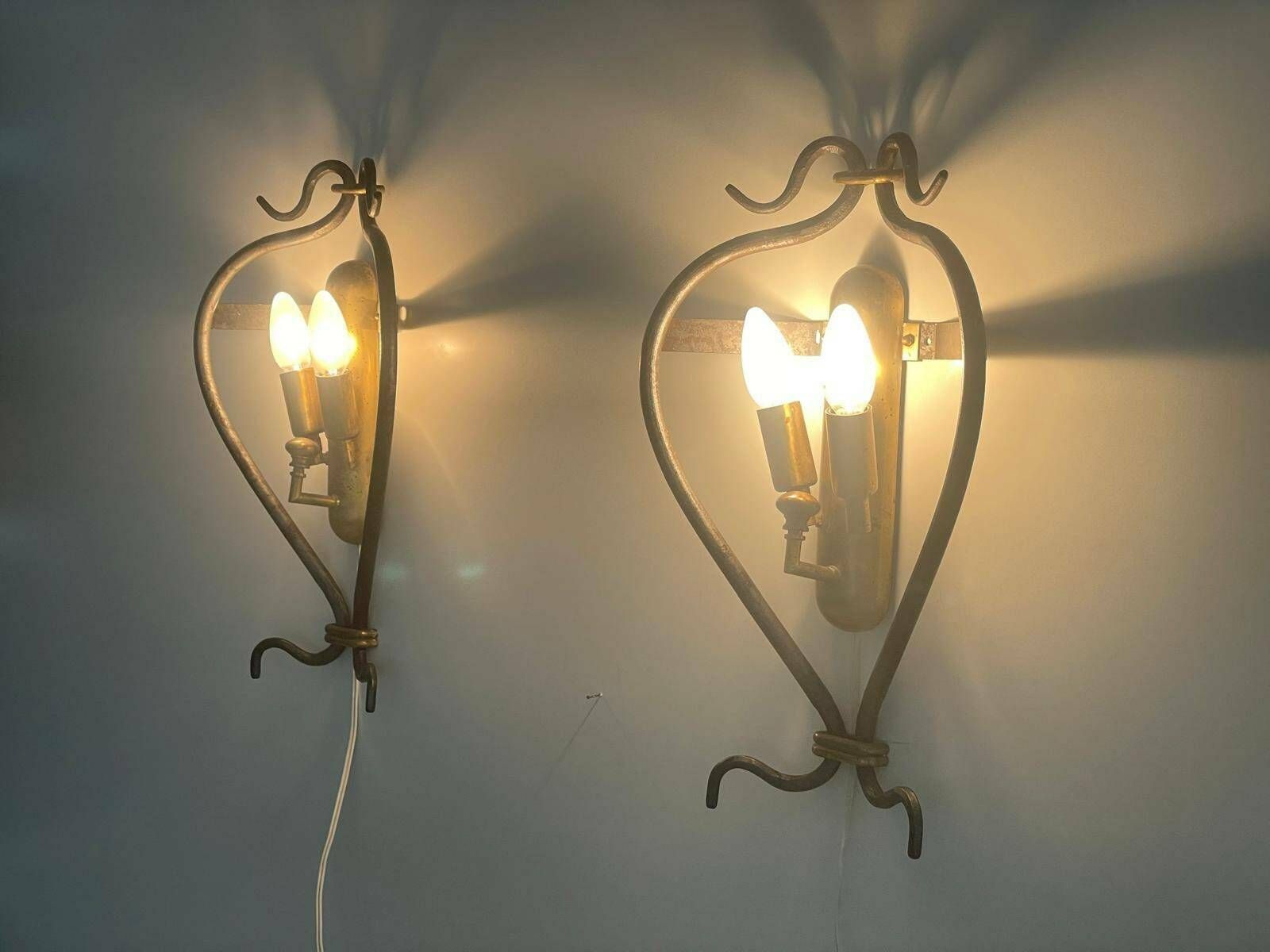 Unusual Italian Design Brass And Iron Pair Of Sconces, 1950s, Italy photo Lighting