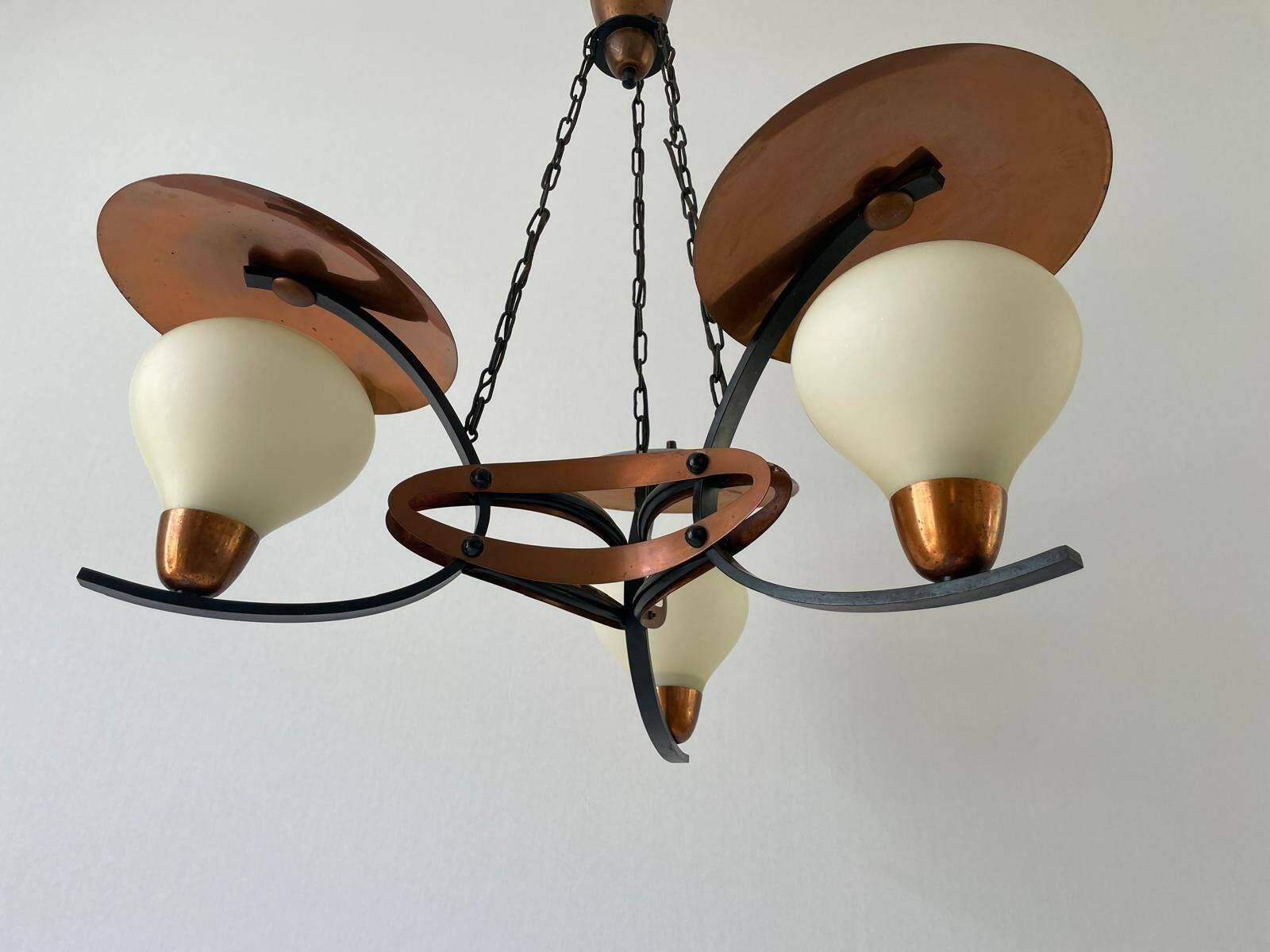 3 Armed Glass And Copper   Black Metal Chandelier, Germany, 1960s, 2 Available photo buy