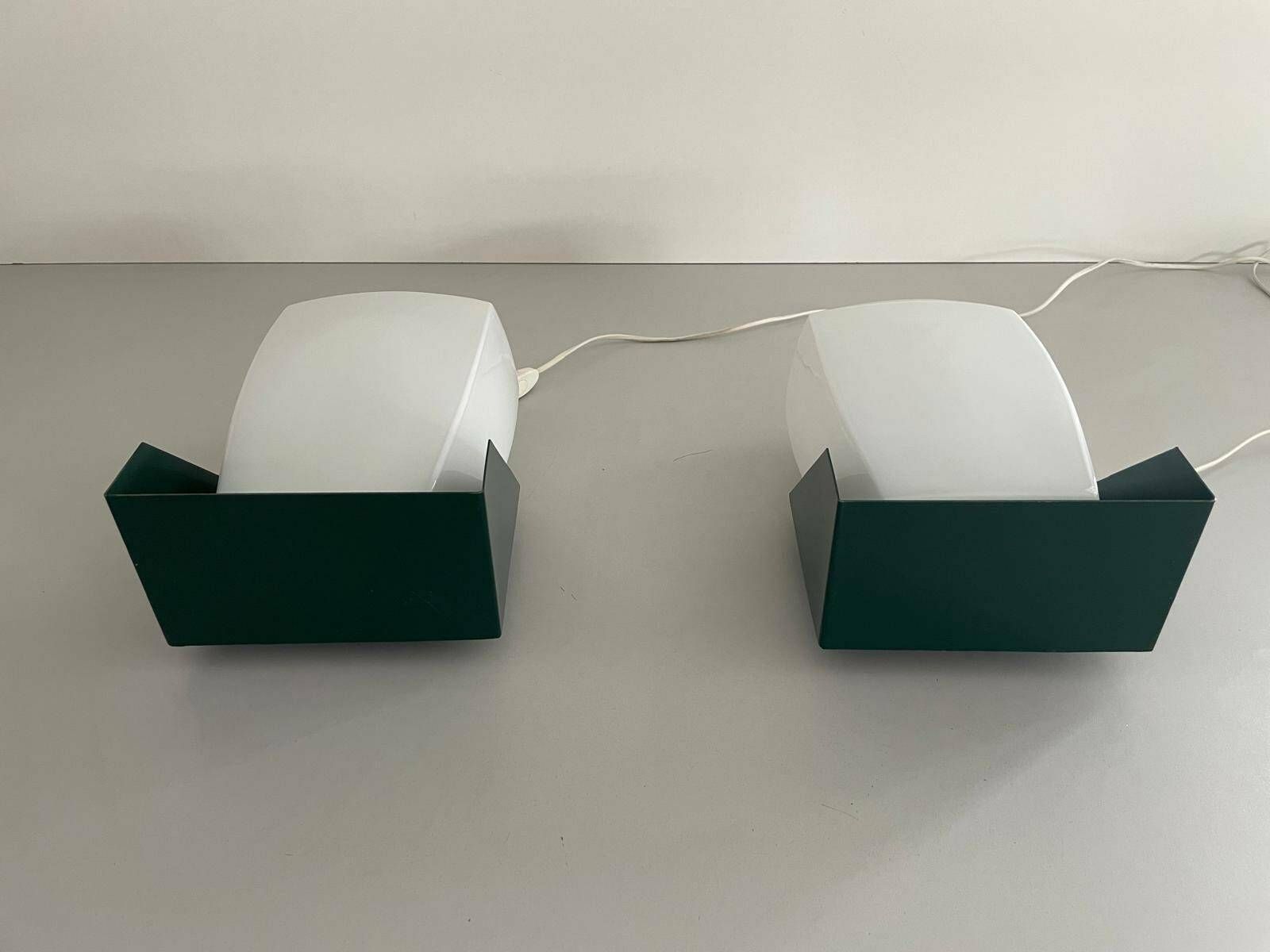 Italian Pair Of Glass Sconces By Candle With Green Metal Base, Italy, 1970s photo Lighting