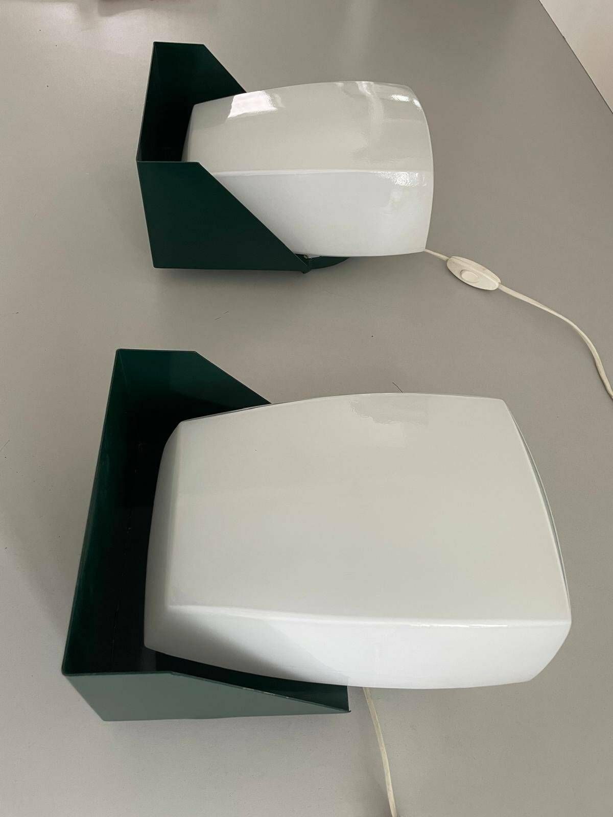 Italian Pair Of Glass Sconces By Candle With Green Metal Base, Italy, 1970s photo 2412.0