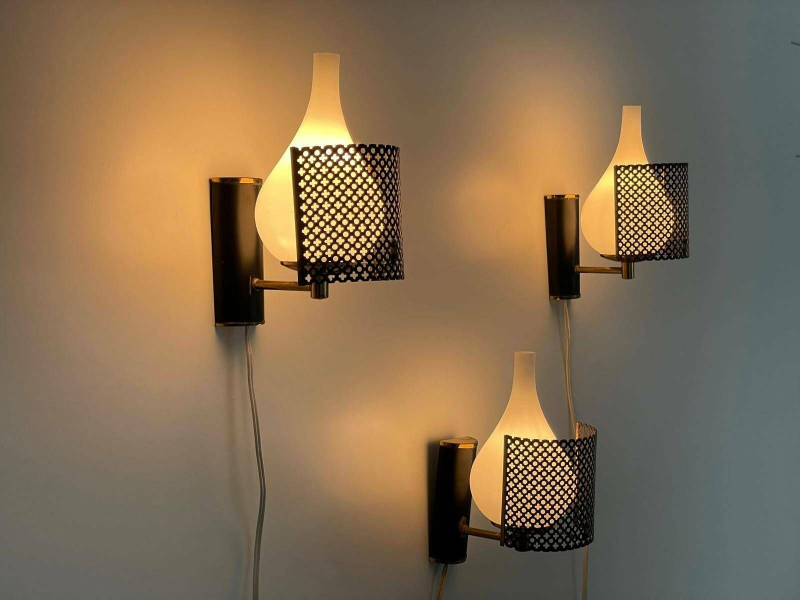 Italian Exclusive Design Glass And Black Metal Sconces, Set Of 3, 1950s, Italy photo Lighting