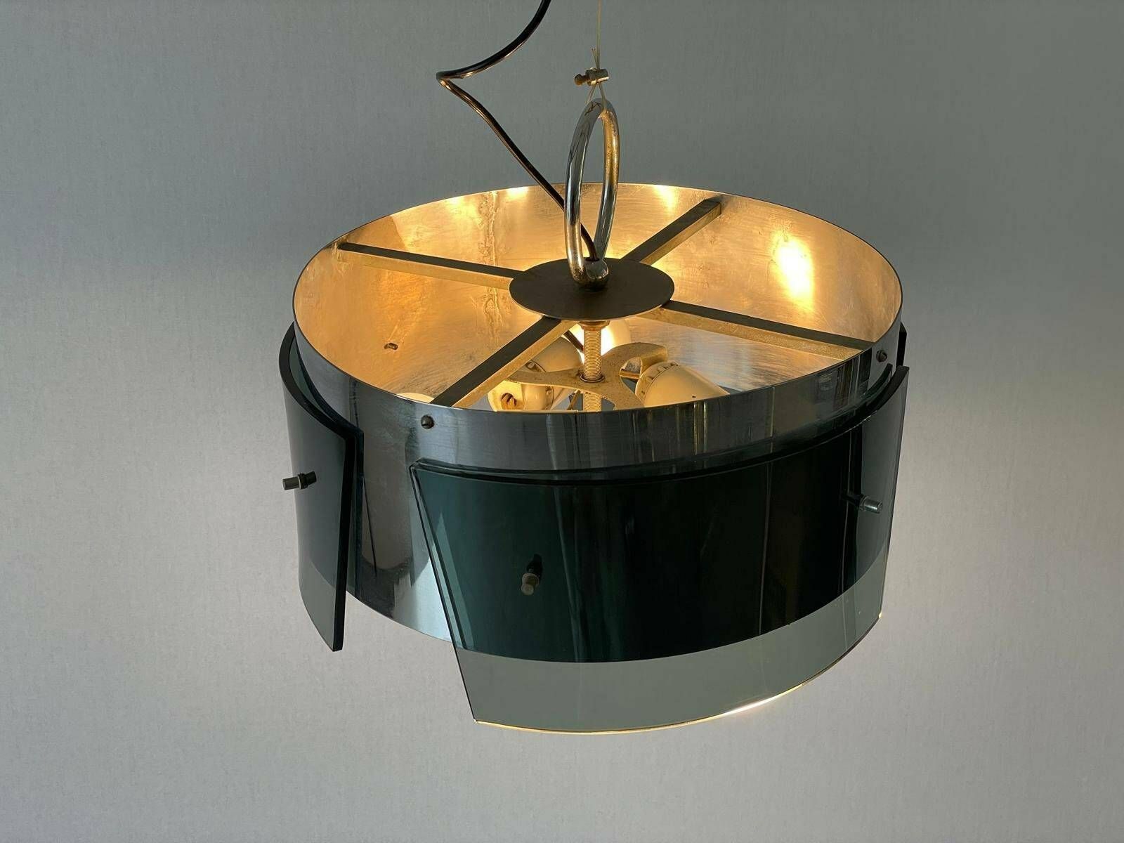 Italian Design Cylindrical Green Glass And Chrome Pendant Lamp, Italy, 1970s photo for sale