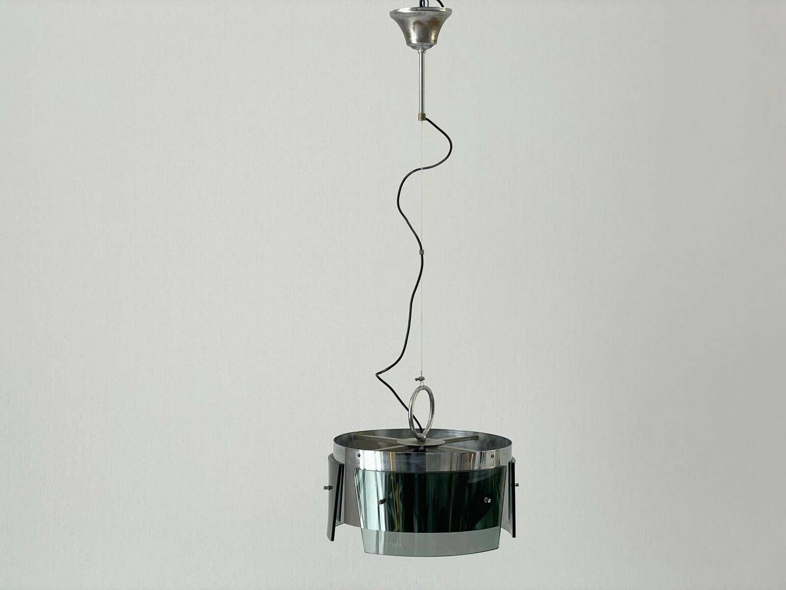 Italian Design Cylindrical Green Glass And Chrome Pendant Lamp, Italy, 1970s photo Lighting