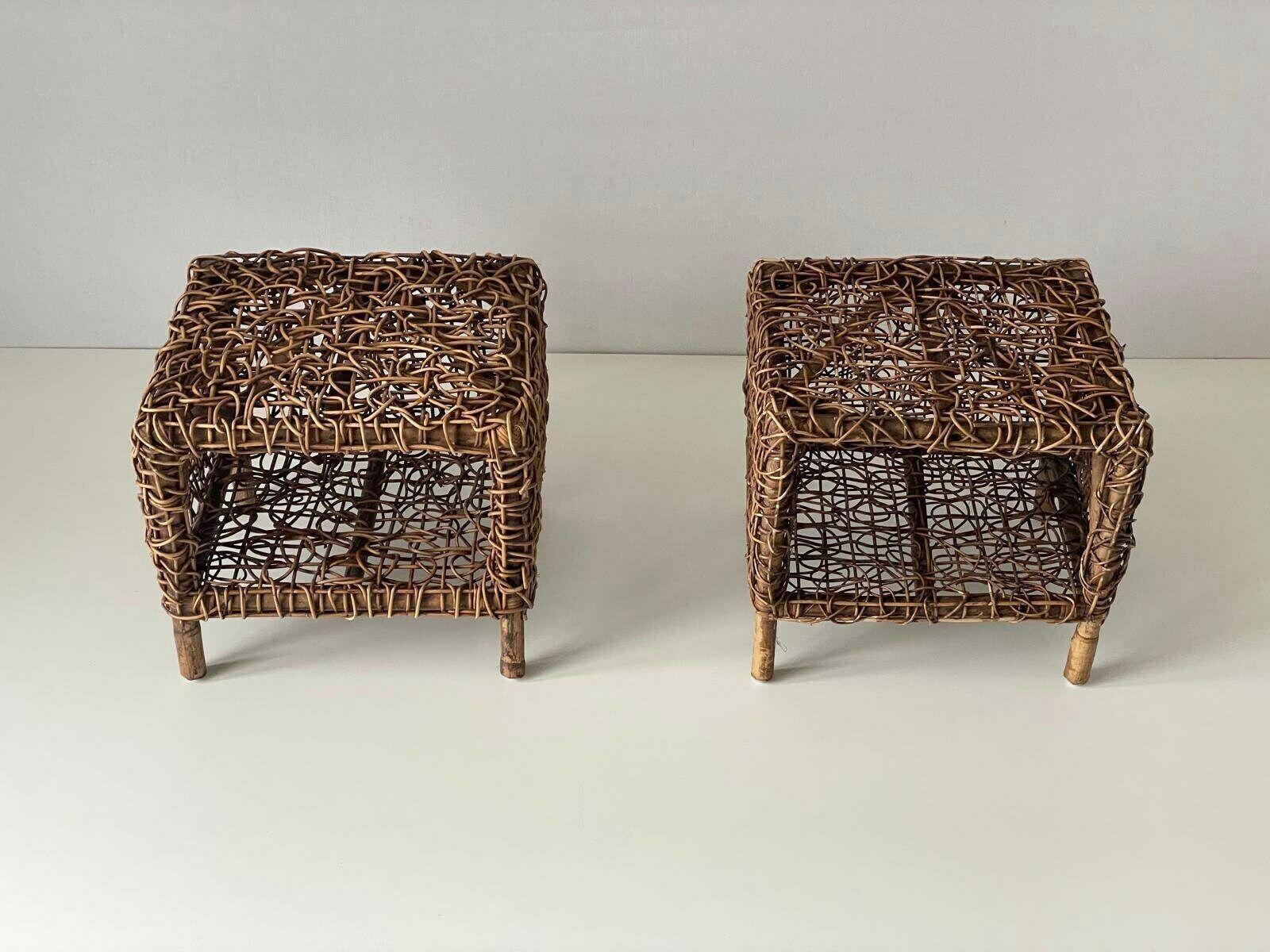 Unusual Italian Design Woven Bamboo Pair Of Bedside Tables, Italy, 1960s photo furniture