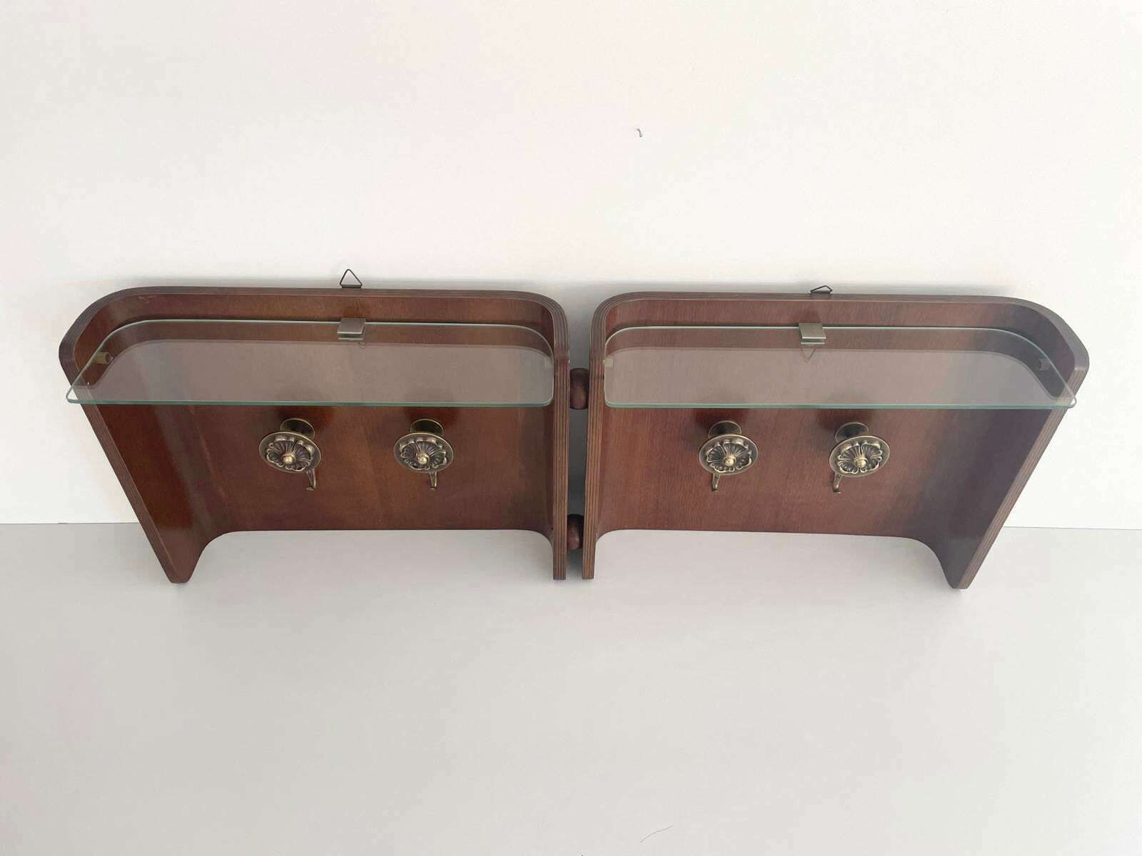 Italian Design Bent Wood Clothes Rack With 4 Brass Hanger And 2 Glass Shelf, Italy, 1960s photo for sale