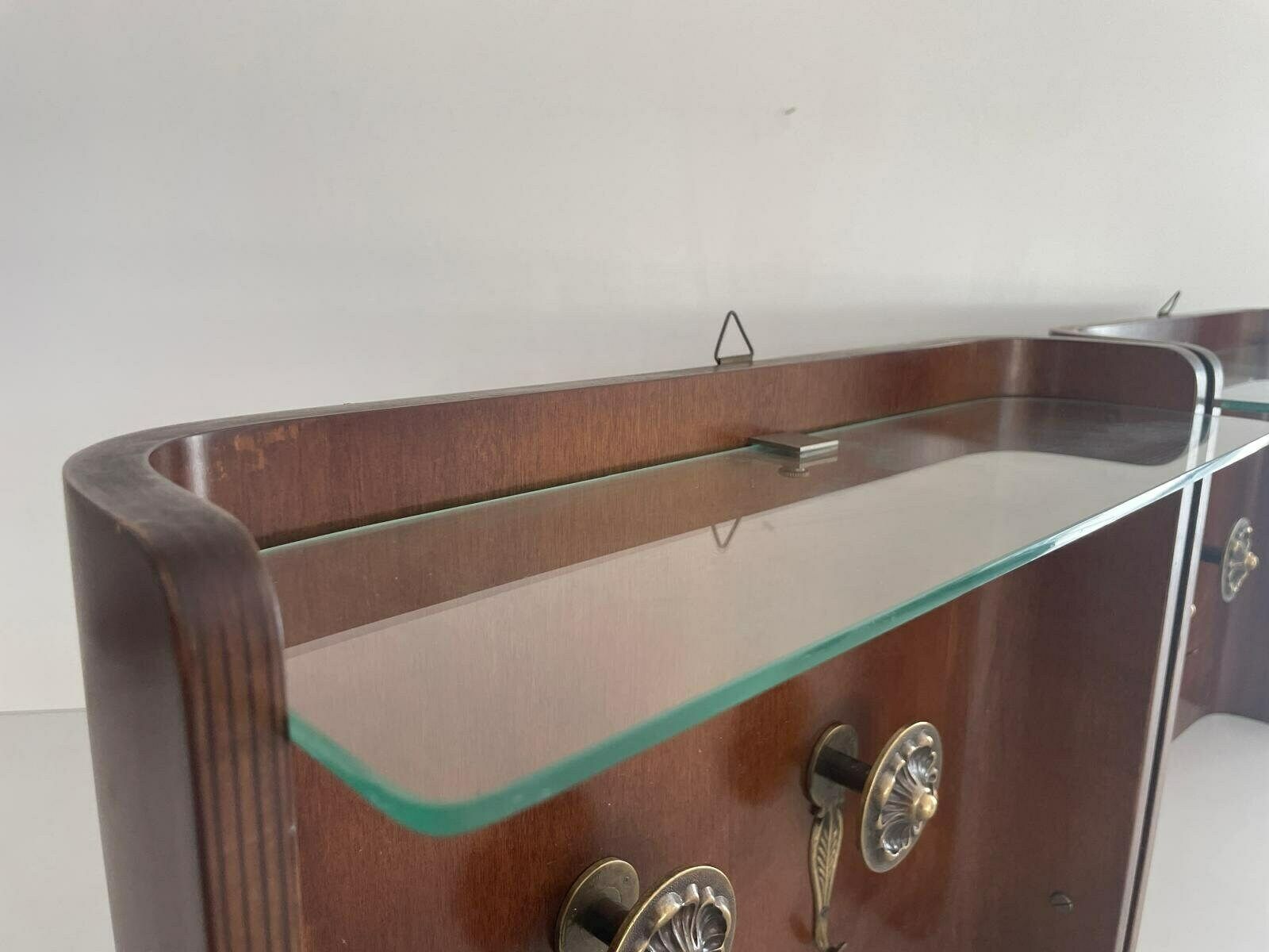 Italian Design Bent Wood Clothes Rack With 4 Brass Hanger And 2 Glass Shelf, Italy, 1960s photo vinterior
