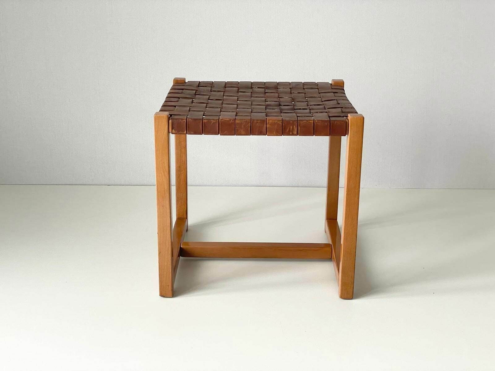 Italian Made Brown Woven Leather Top Wood Stool, Italy, 1970s photo for sale