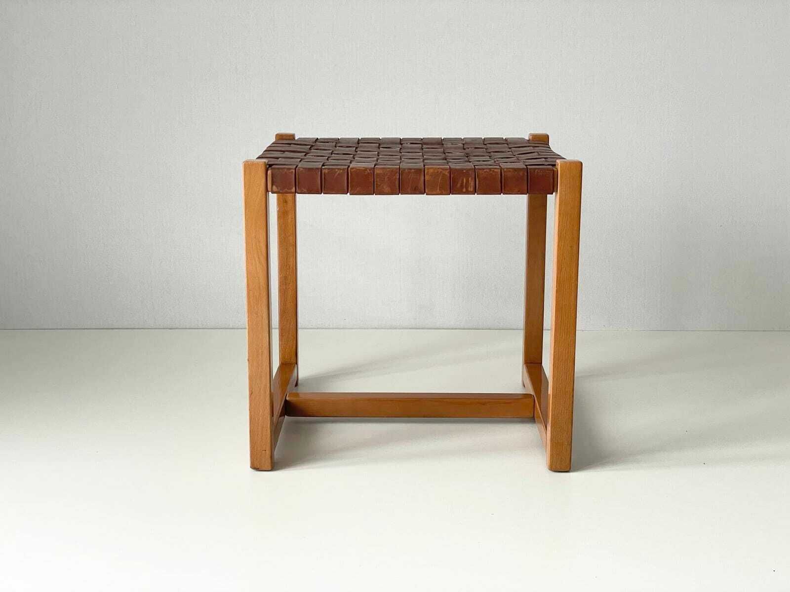 Italian Made Brown Woven Leather Top Wood Stool, Italy, 1970s photo Furniture