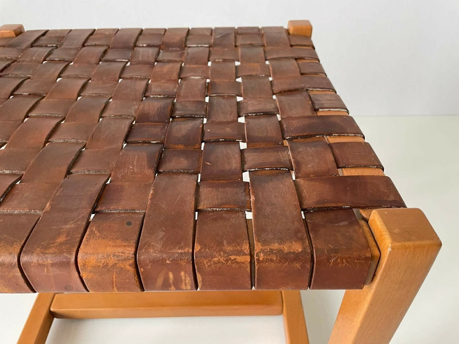 Italian Made Brown Woven Leather Top Wood Stool, Italy, 1970s photo buy