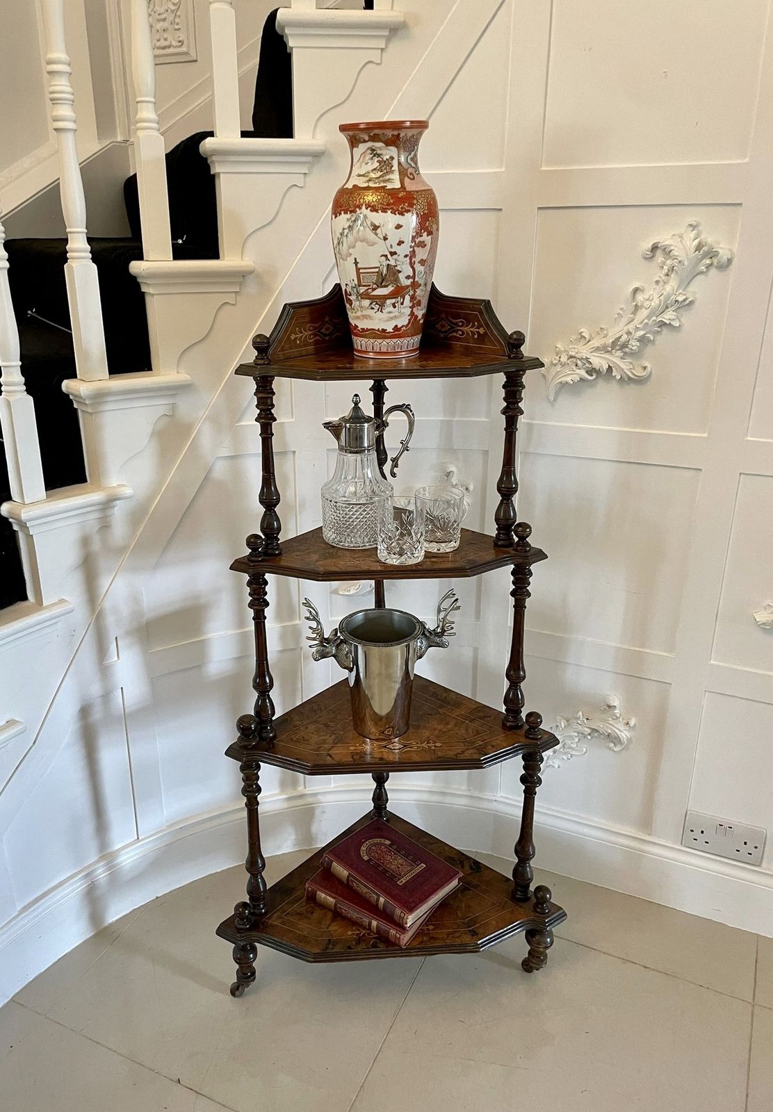 Quality Antique 19th Century Inlaid Walnut Four Tier Corner Whatnot photo furniture