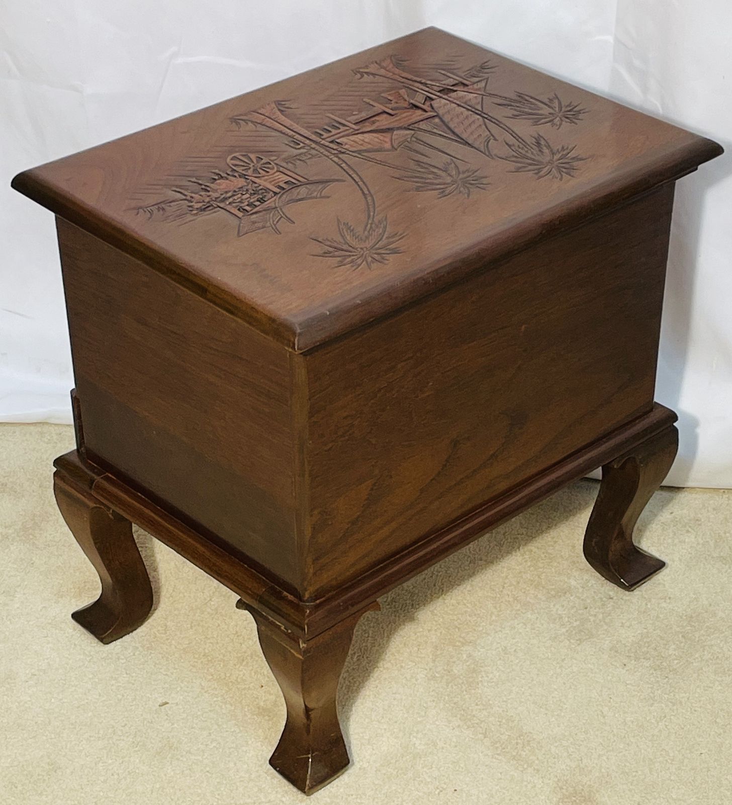 95.0 Vintage Chinese Needlecraft Stool Featuring Carved Rural Pastoral Landscape photo