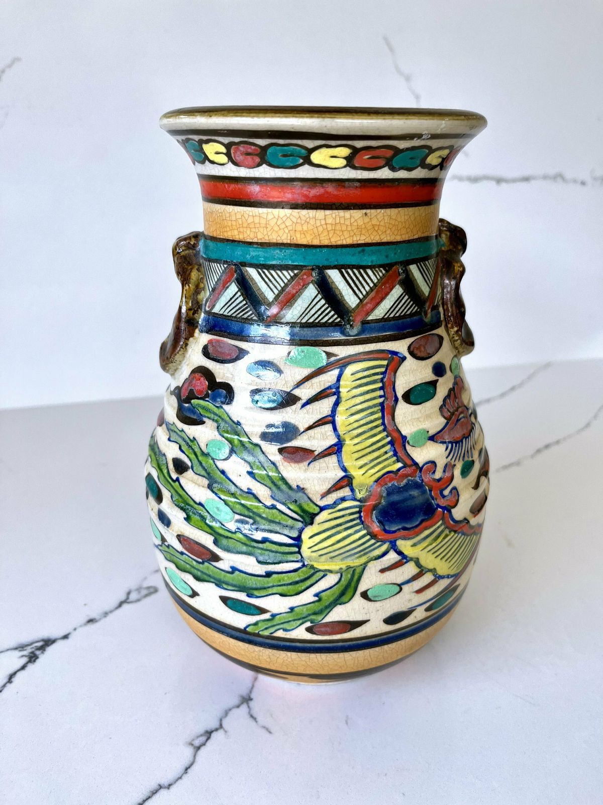 Early 20th Century Japanese Colourful Hand Painted Ceramic Vase photo furniture