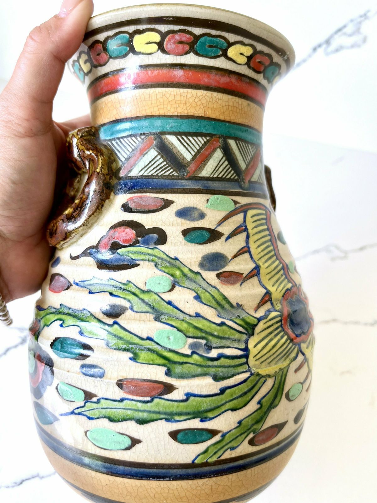 Early 20th Century Japanese Colourful Hand Painted Ceramic Vase photo buy