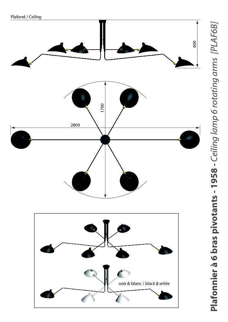 Serge Mouille Ceiling Lamp 6 Rotating Arms In Black And White Louis Sognot photo for sale