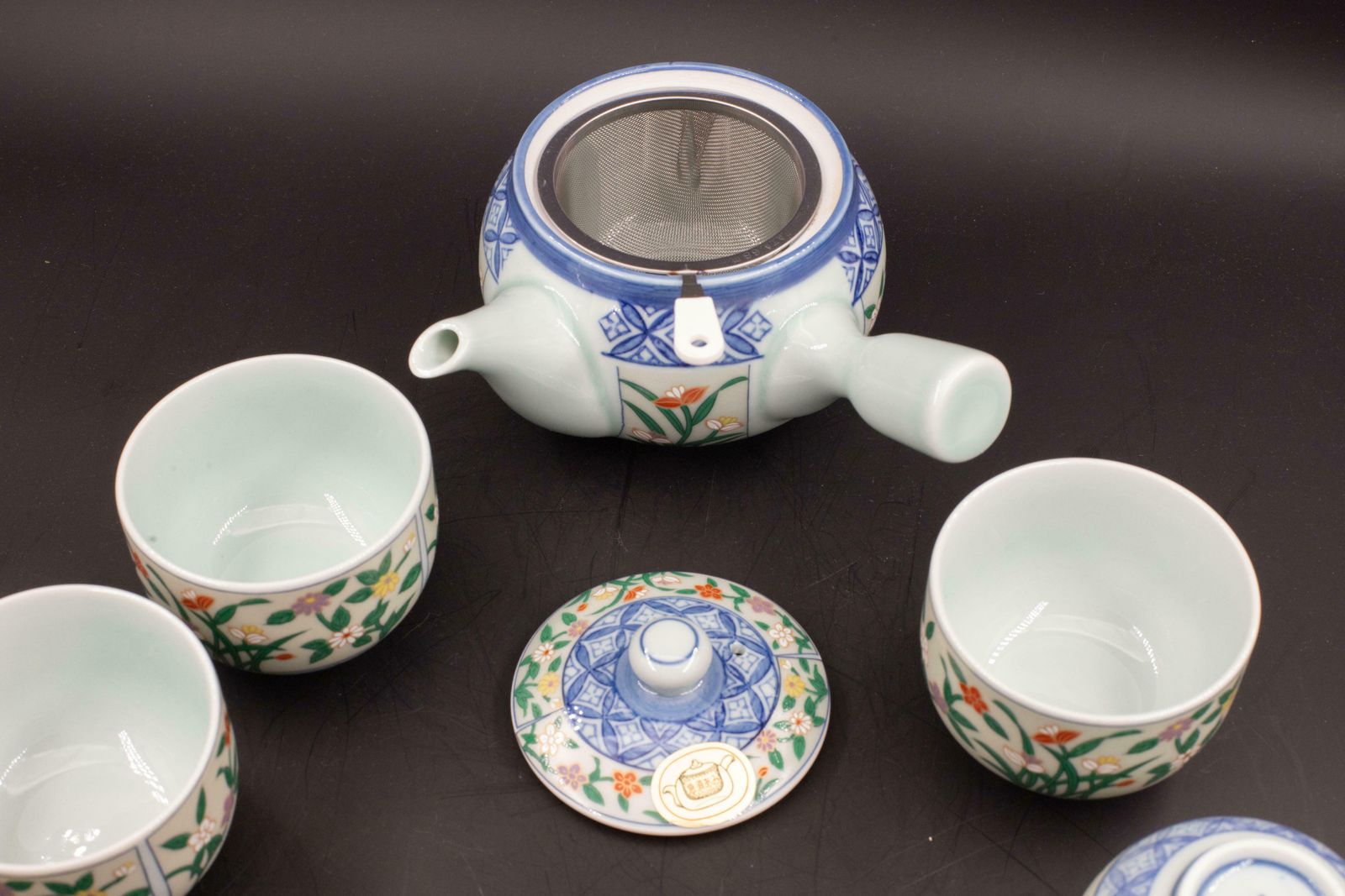 857.0 Japanese Tea Set Tea Pot Strainer Cups Set Of 6 Hand Painted Celadon photo