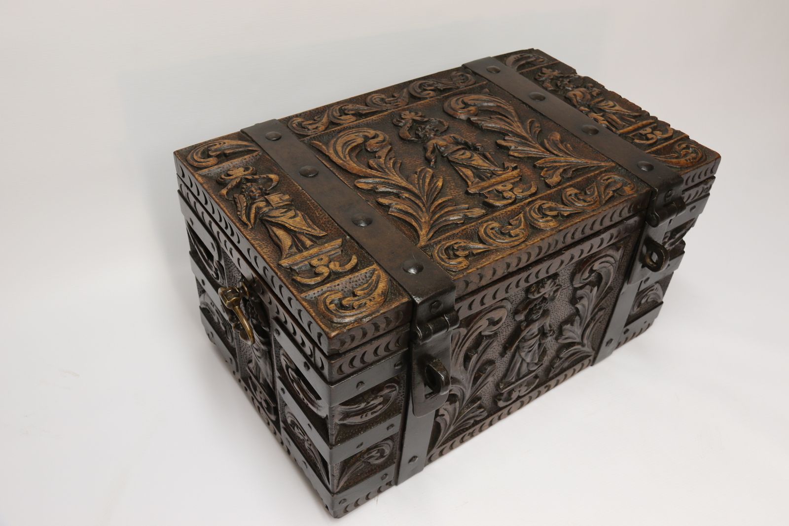 A Rare Ships Or Country House Carved Oak And Steel Bound Strong Box Circa 1840 photo for sale