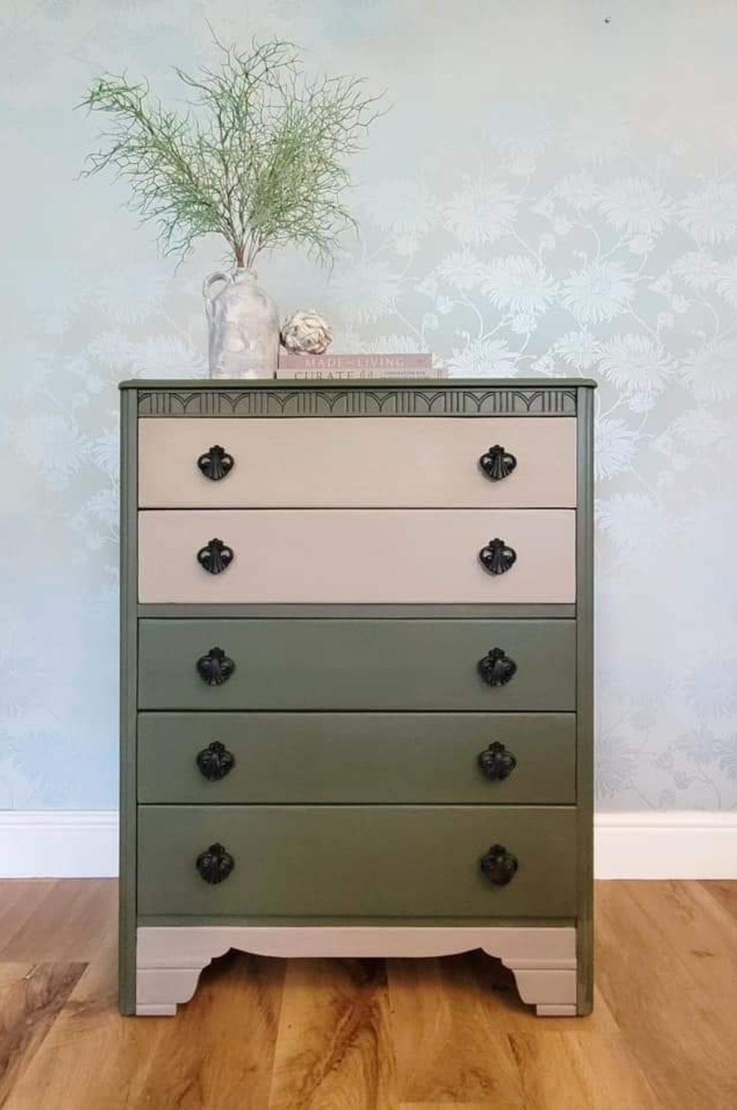 Mid Century Lebus Chest Of Drawers: Cream & Green Accent, Versatile Storage, Bedroom, Living Room