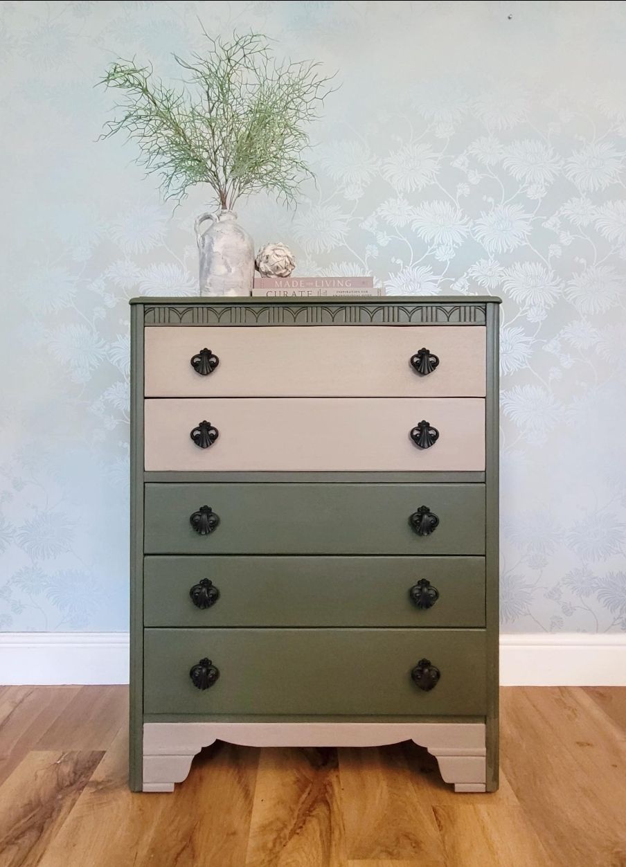 photo for sale Mid Century Lebus Chest Of Drawers: Cream & Green Accent, Versatile Storage, Bedroom, Living Room