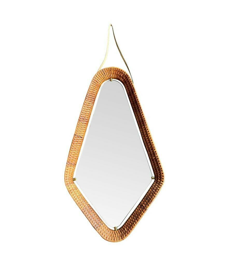 An Unusual Italian 1950s Diamond Shaped Rattan And Brass Framed Mirror With Leather Hanging Strap photo for sale