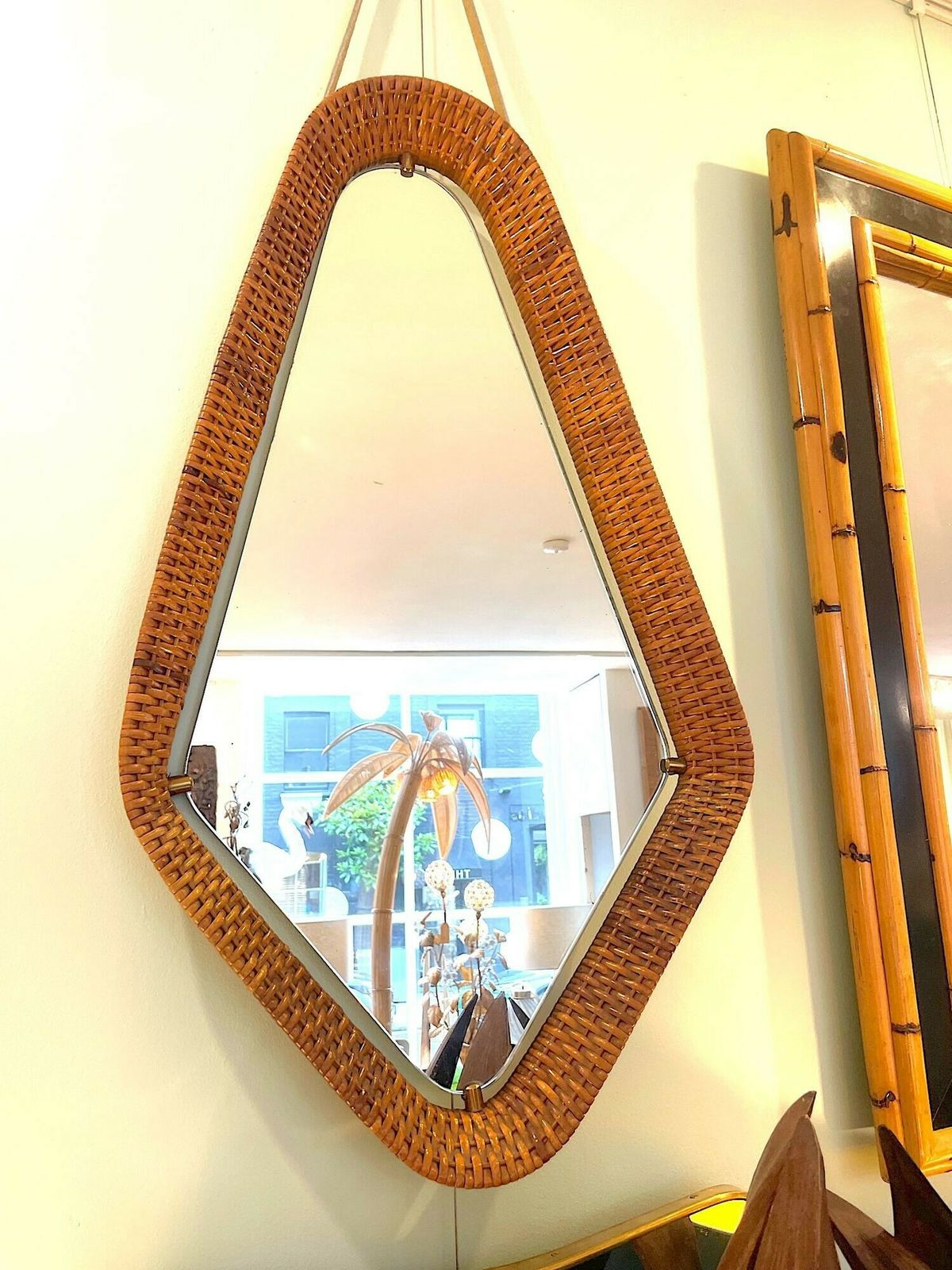 An Unusual Italian 1950s Diamond Shaped Rattan And Brass Framed Mirror With Leather Hanging Strap photo 1450.0