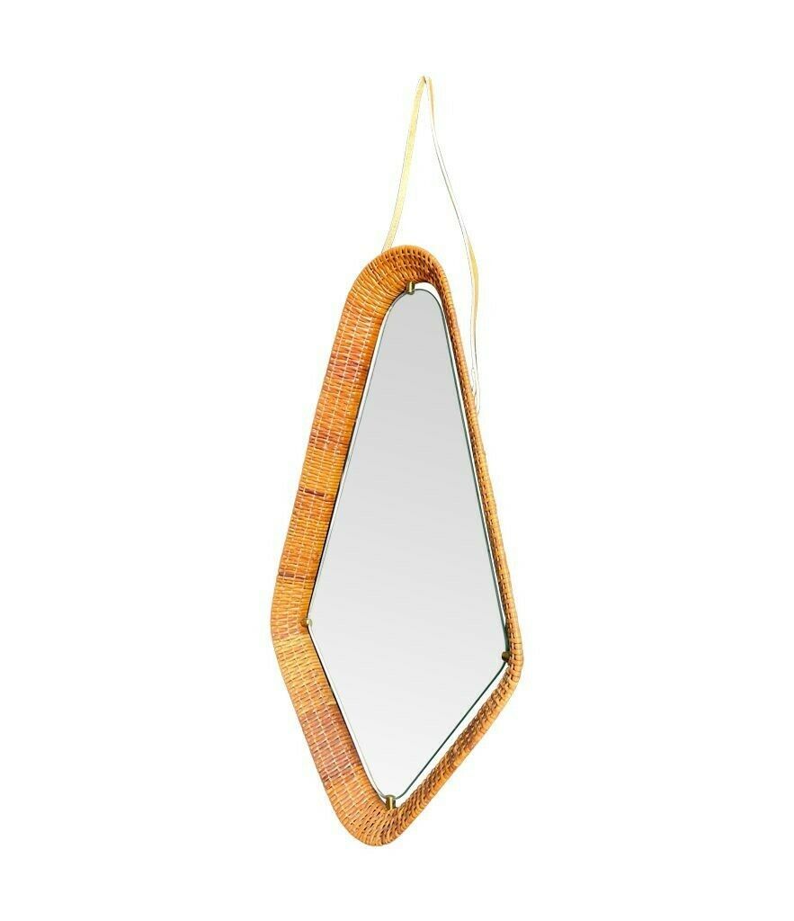 An Unusual Italian 1950s Diamond Shaped Rattan And Brass Framed Mirror With Leather Hanging Strap photo vinterior