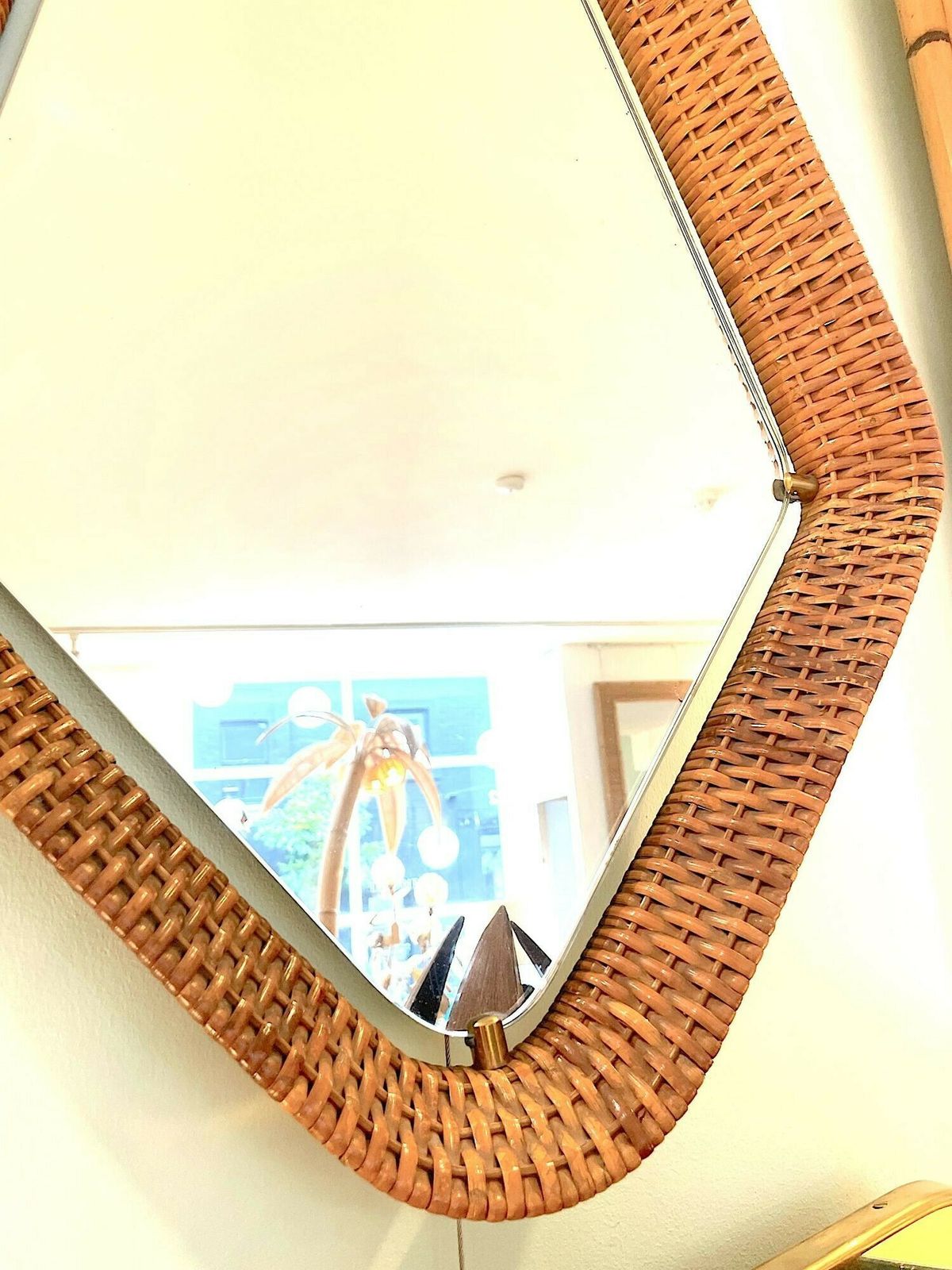 An Unusual Italian 1950s Diamond Shaped Rattan And Brass Framed Mirror With Leather Hanging Strap photo buy