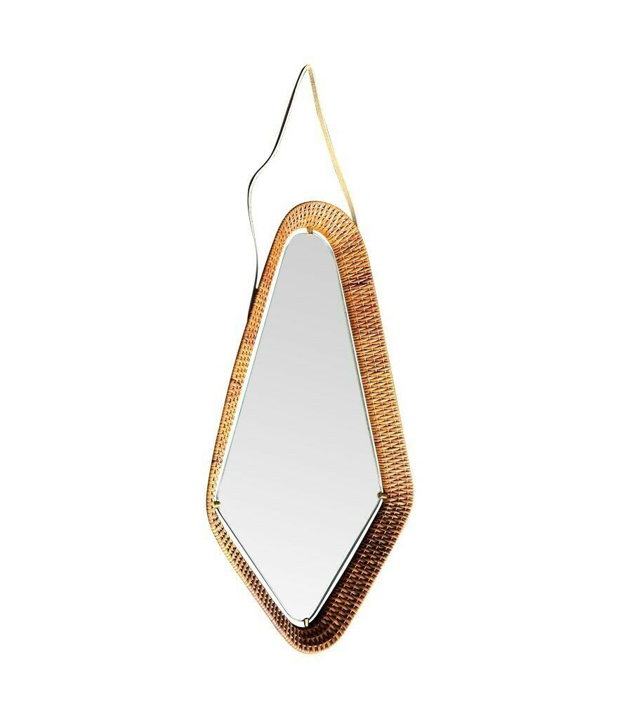 photo furniture An Unusual Italian 1950s Diamond Shaped Rattan And Brass Framed Mirror With Leather Hanging Strap