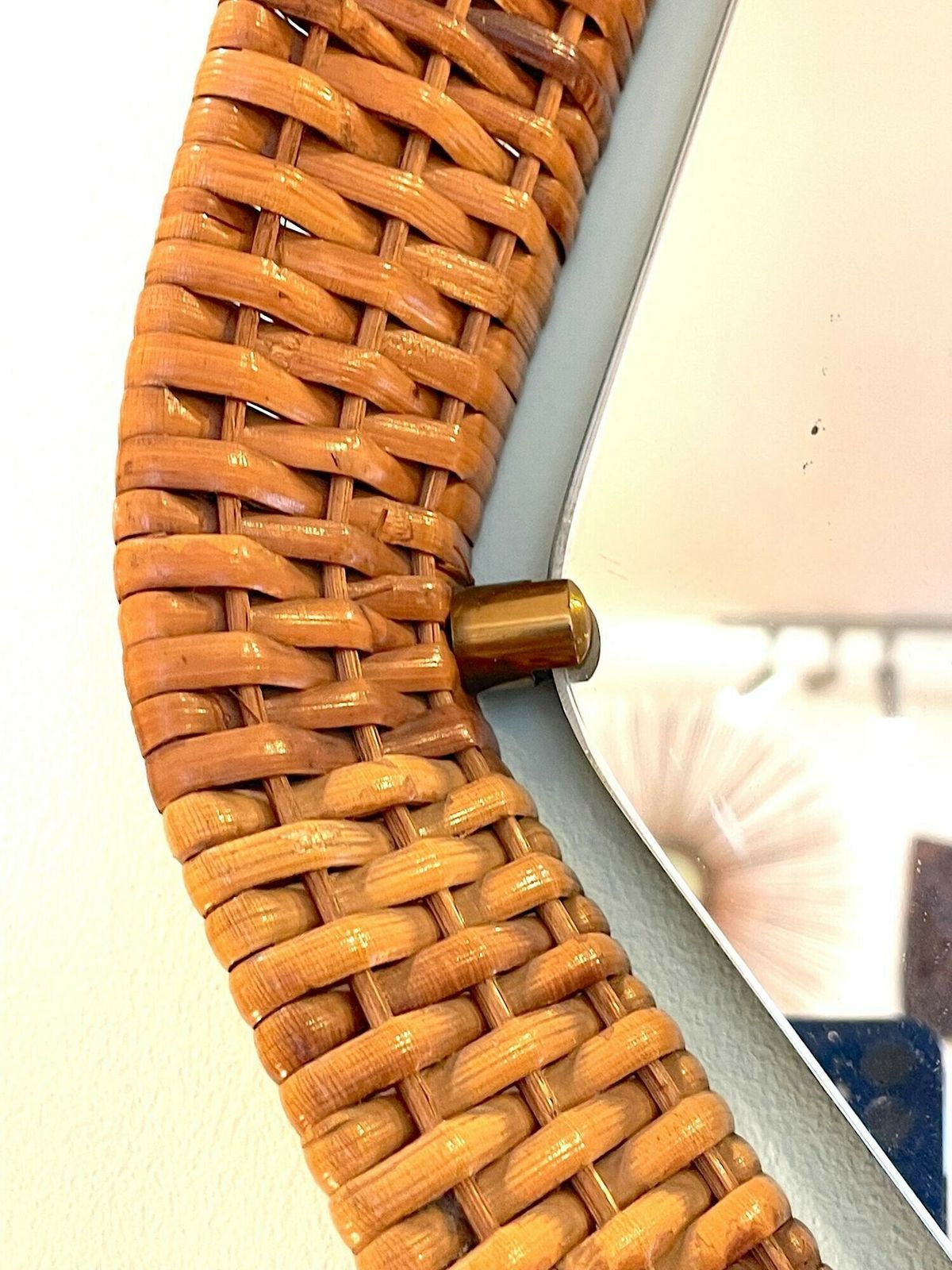photo for sale An Unusual Italian 1950s Diamond Shaped Rattan And Brass Framed Mirror With Leather Hanging Strap