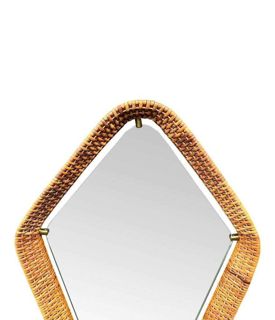 Home Decor An Unusual Italian 1950s Diamond Shaped Rattan And Brass Framed Mirror With Leather Hanging Strap photo
