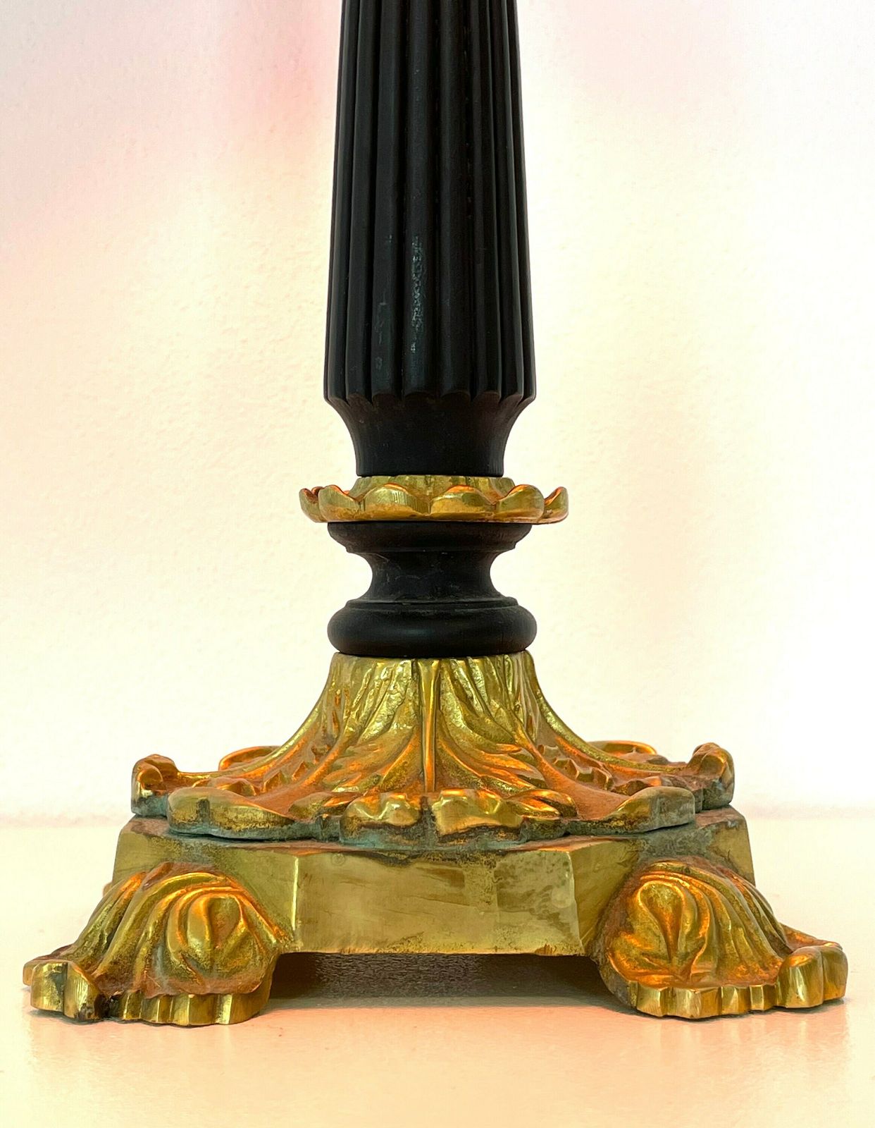 Art Deco Table Lamp In Brass And Black Painted Wood With Organic Shapes, Beautiful Base And Unique Red Fabric Ribbon Shade photo 224.0