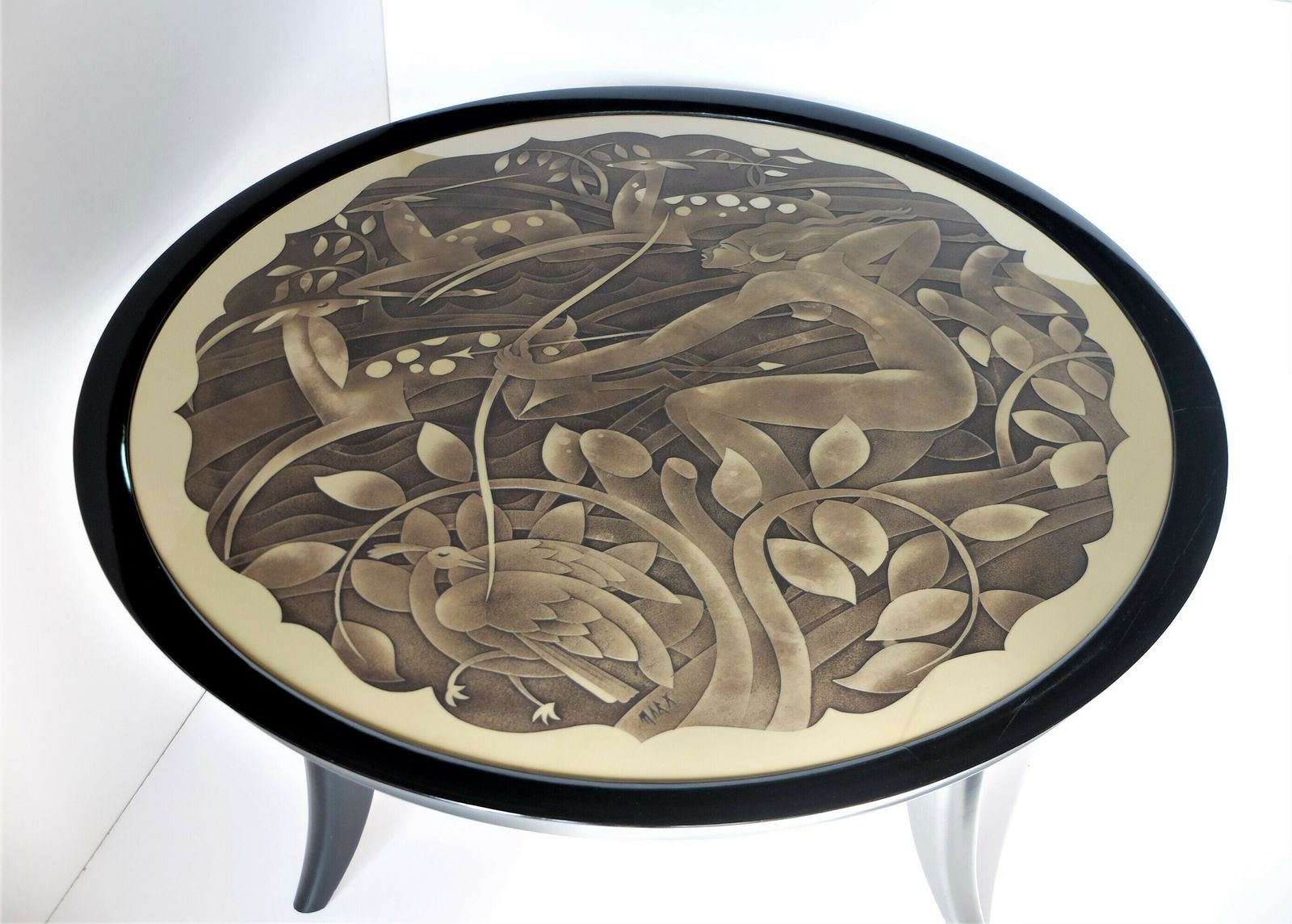 photo furniture Art Deco Period Pedestal Table, Glass Top Signed Marx With Diana Huntress Decor