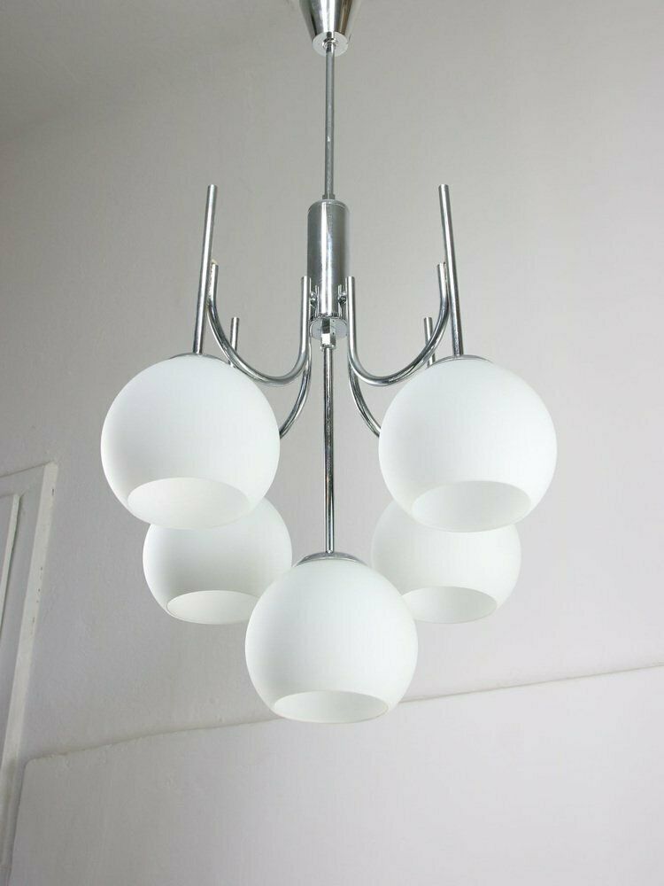 Vintage Italian Chrome And Opaline Chandelier, 1970s
