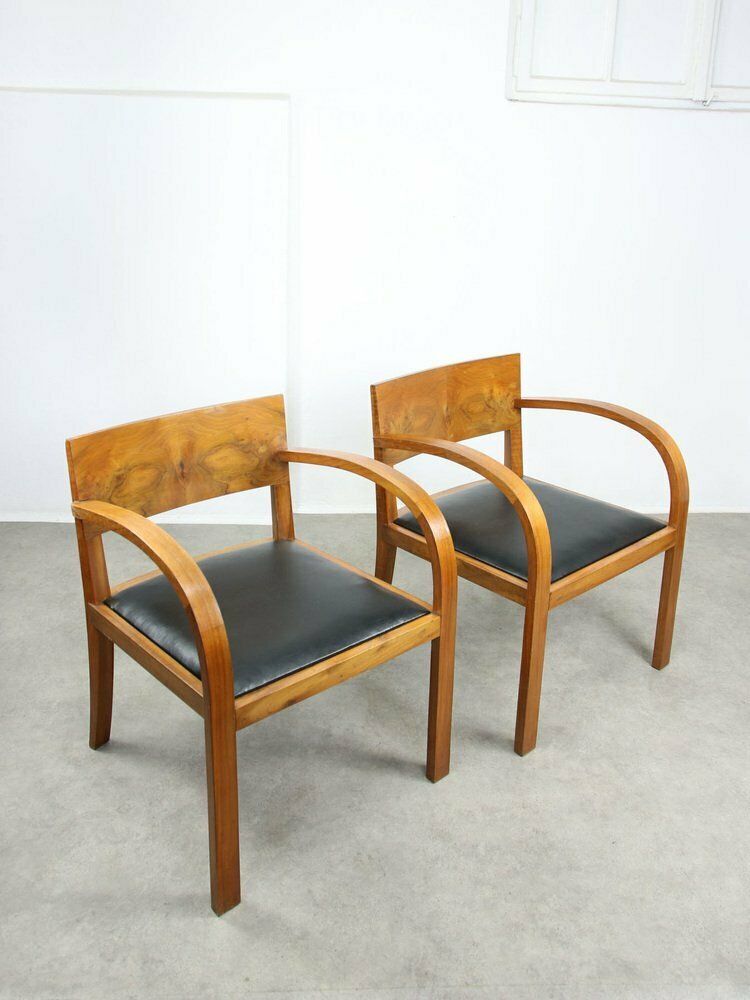 Large Italian Art Deco Lounge Chairs In Wood & Black Leatherette, Set Of 2 photo furniture