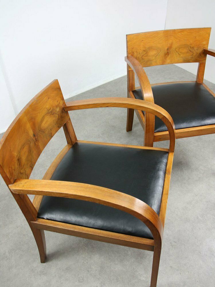 Large Italian Art Deco Lounge Chairs In Wood & Black Leatherette, Set Of 2 photo for sale
