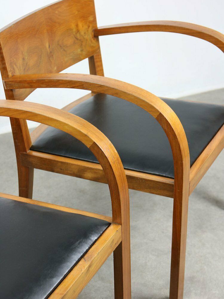 Large Italian Art Deco Lounge Chairs In Wood & Black Leatherette, Set Of 2 photo Furniture